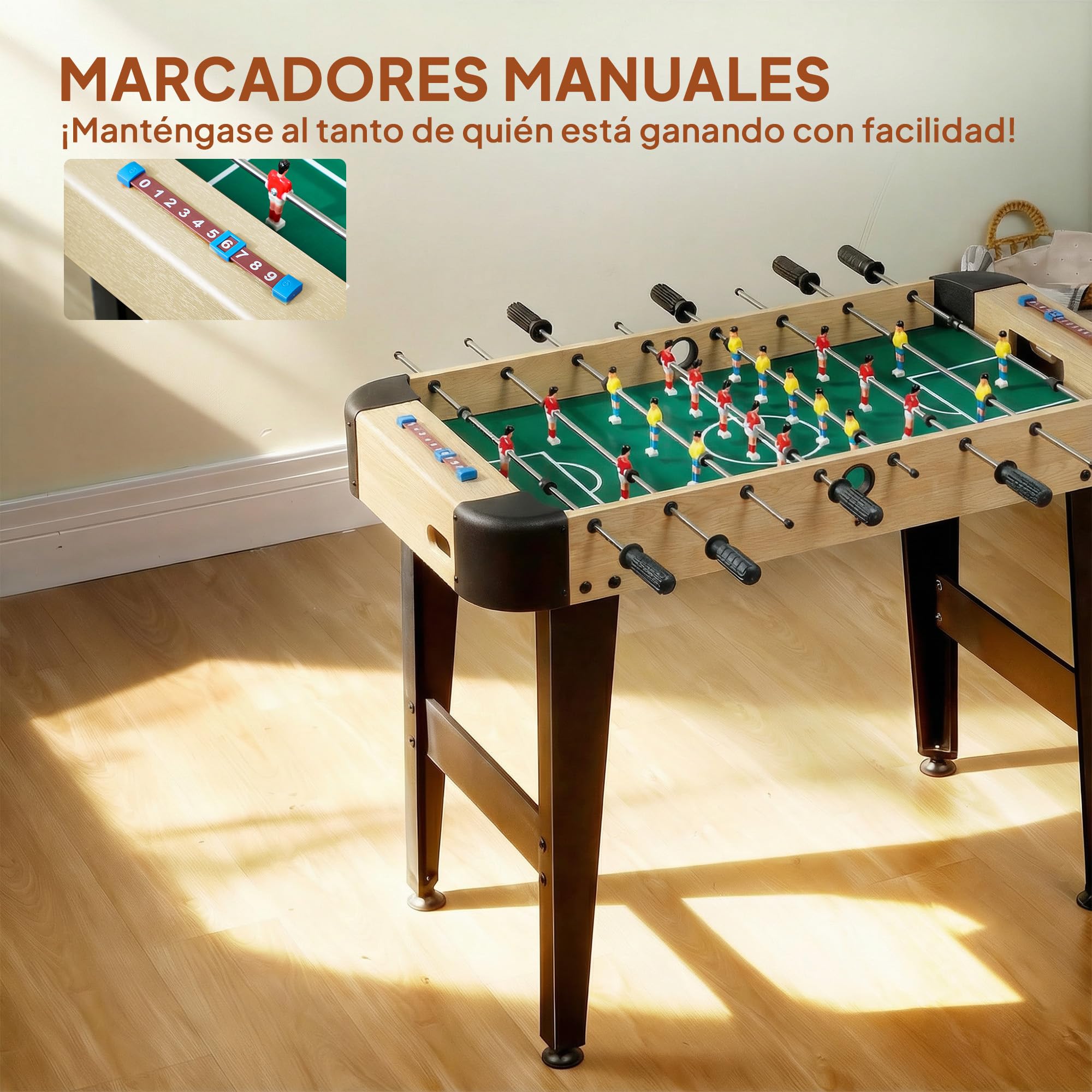 SPORTNOW Futbolín para Niños de Madera, Mesa de Futbolín con 2 Marcadores, 8 Asas, 22 Jugadores, 8 Barras y 2 Bolas, Regalo para Adultos, Familias, Fiestas, 92x75x71 cm, Natural