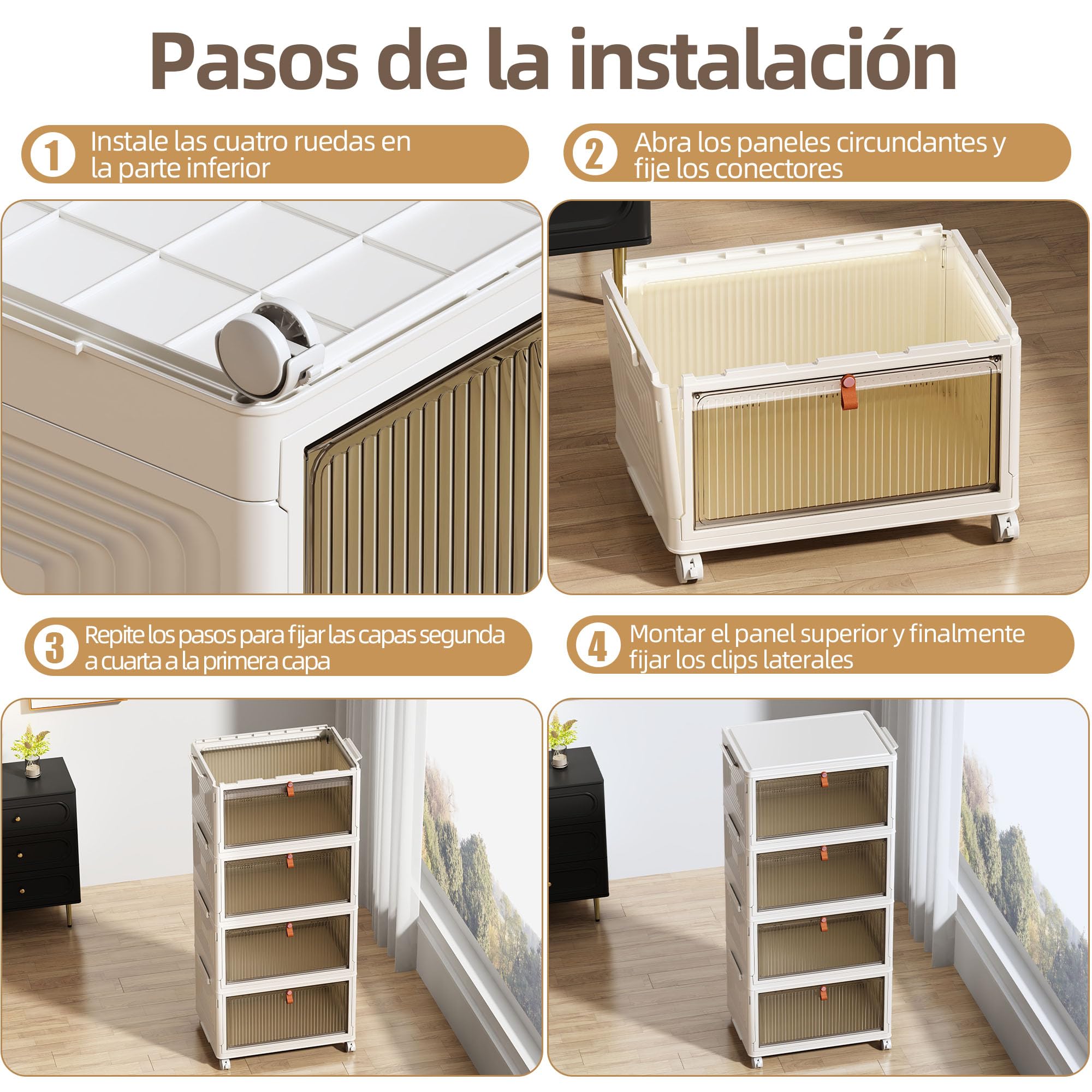 NETEL Cajas Almacenaje Plastico, 47L 4 Unidad Caja Almacenaje con Tapa, Caja Plegable Plastico, Caja Almacenaje Apilables con Ruedas，Apto para dormitorios, salones y cocinas.