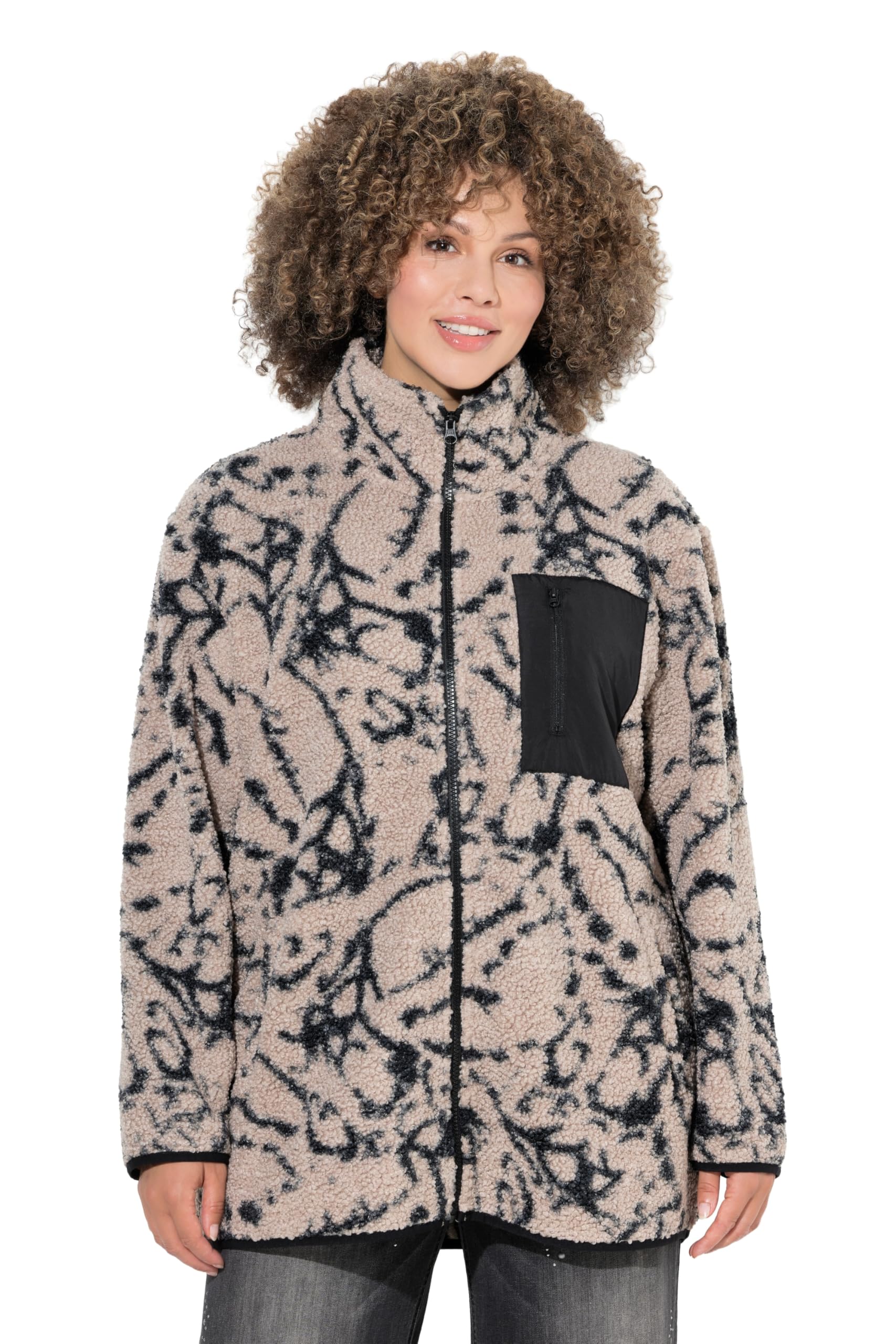 Ulla Popken Damen große Größen Übergrößen Plus Size Teddyjacke, Stehkragen, elastische Kanten, kuschelweich 845207