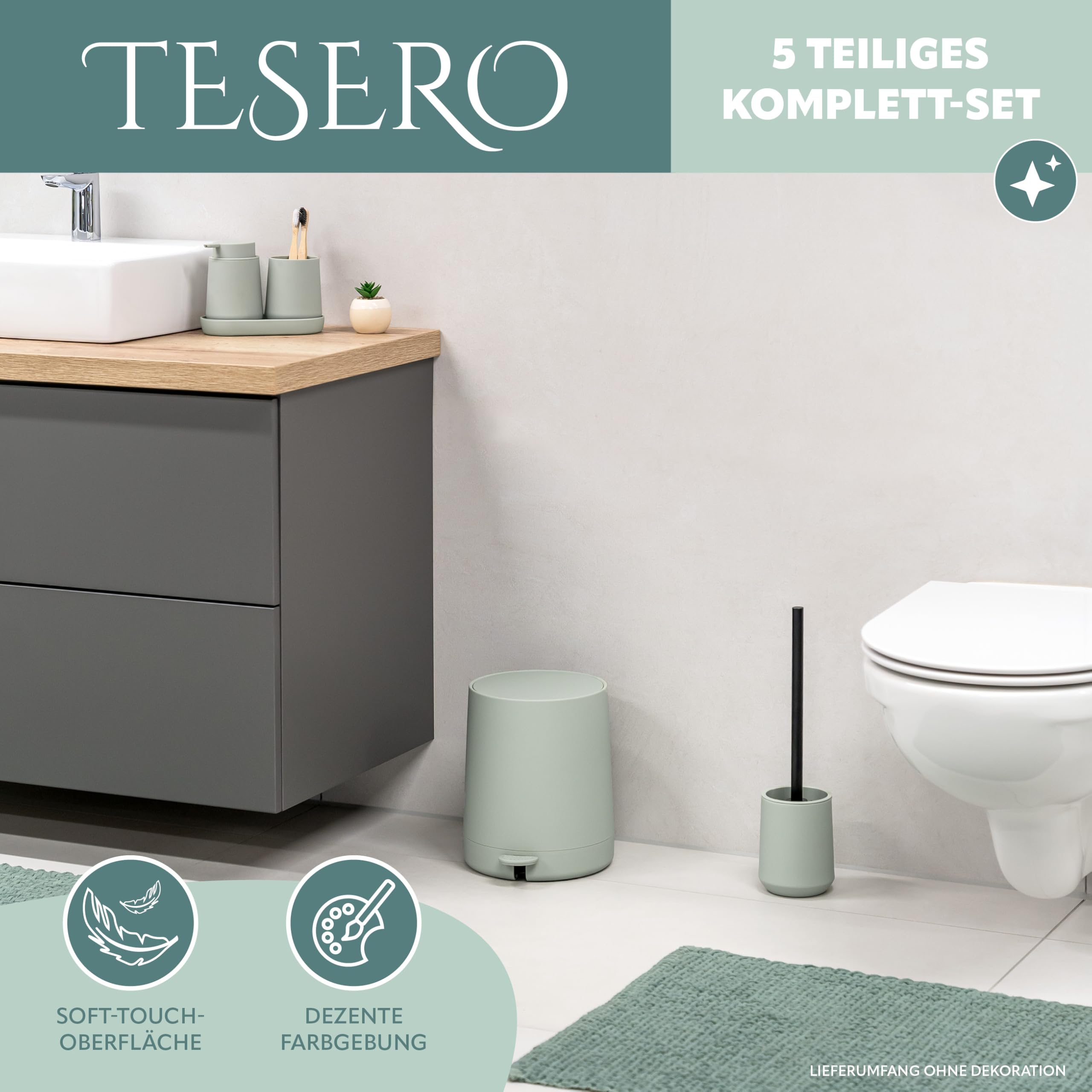 eluno Badezimmer-Set TESERO mit Soft-Touch Oberfläche, Bad-Accessoires Set 5tlg. aus Seifenspender, Becher, Schale, Kosmetikeimer, WC-Garnitur für Badezimmer und Gäste-WC aus Kunststoff (Salbei)