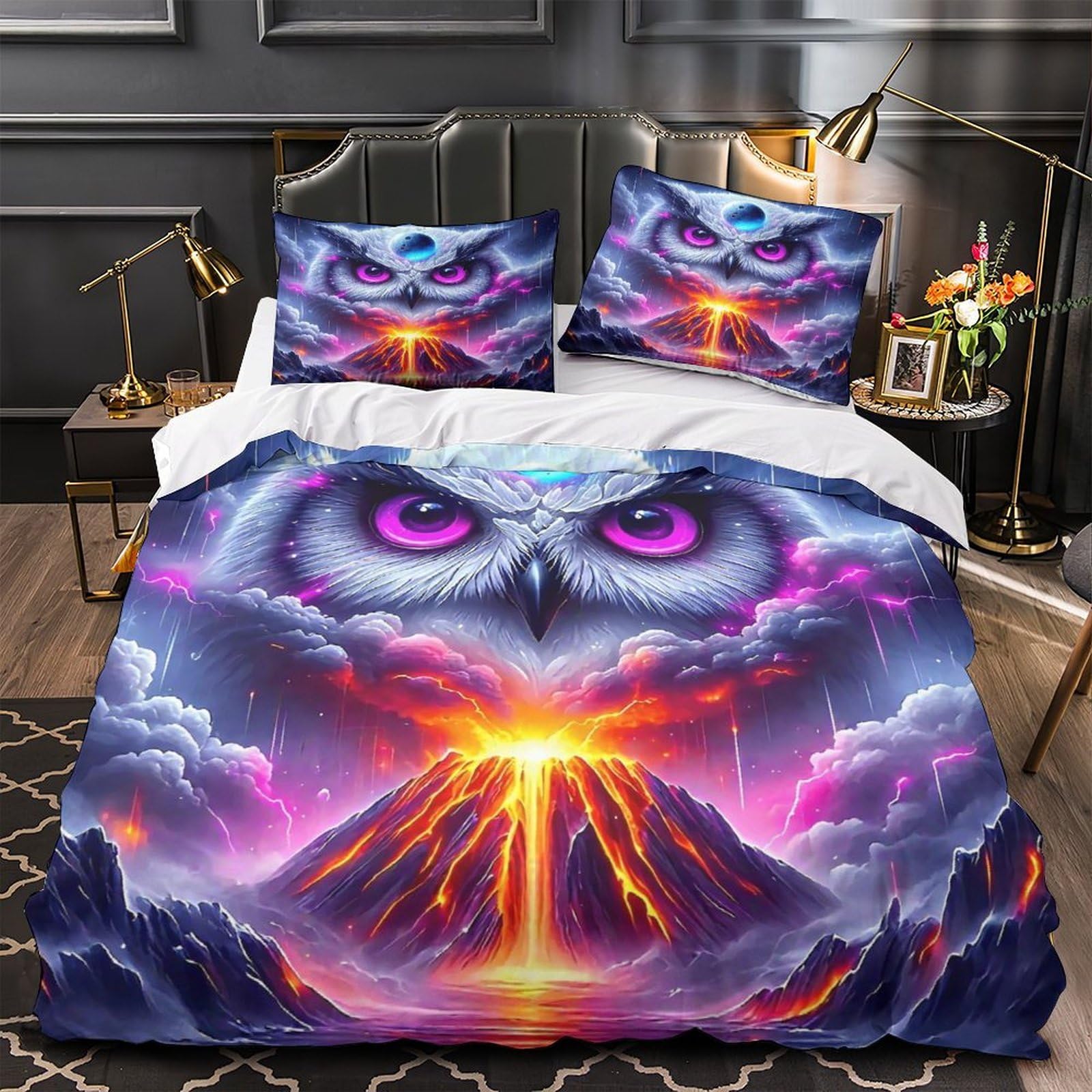 Housse de couette volcan 3D 260x220 cm en microfibre avec ses deux taies d'oreillers