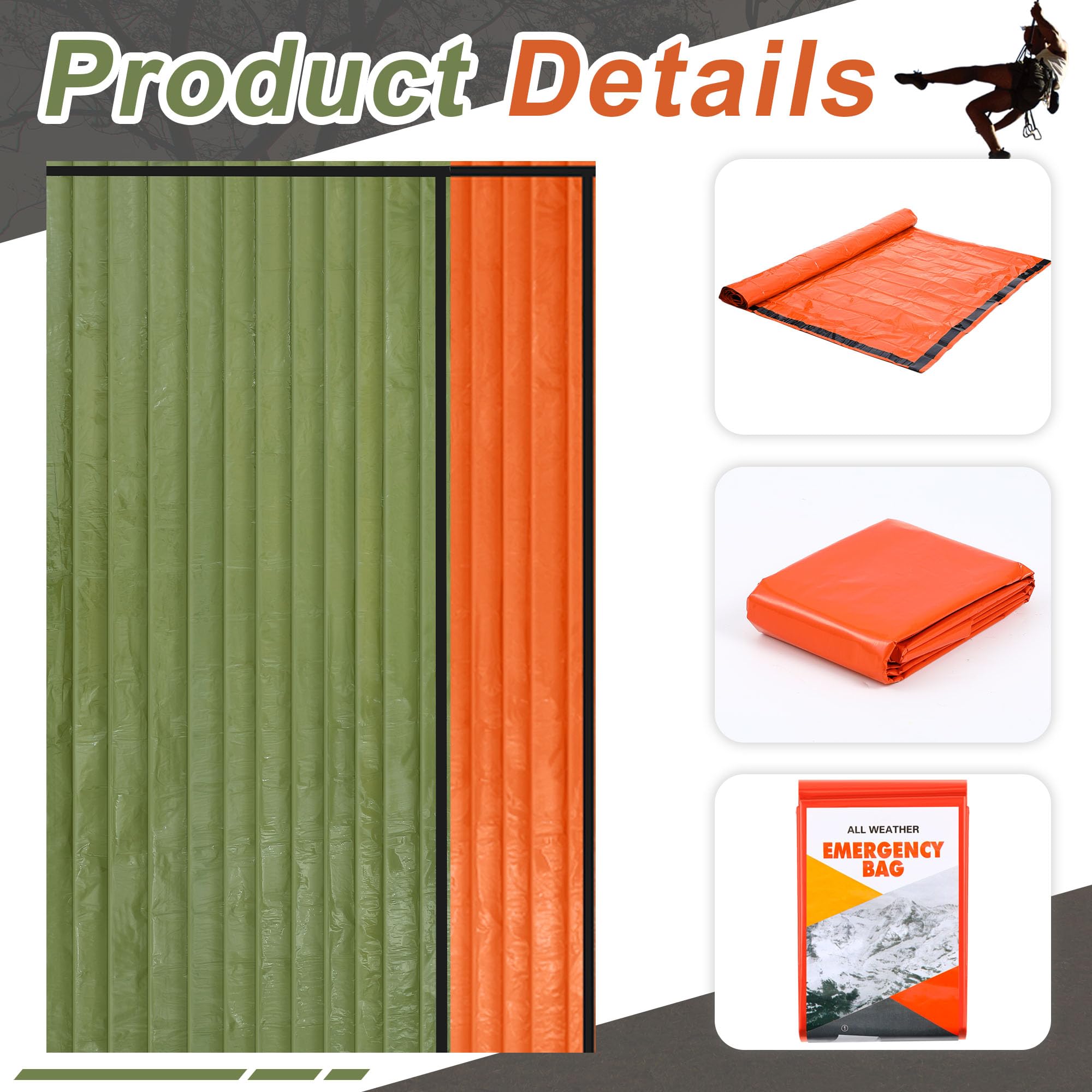 Preboun Notfall-Schlafsack, tragbar, leicht, Thermo-Schlafsack, wasserdicht, Notfalldecke, Überlebensausrüstung für Outdoor, Camping, Wandern, Obdachlose, Unterschlupf (Orange, Grün)