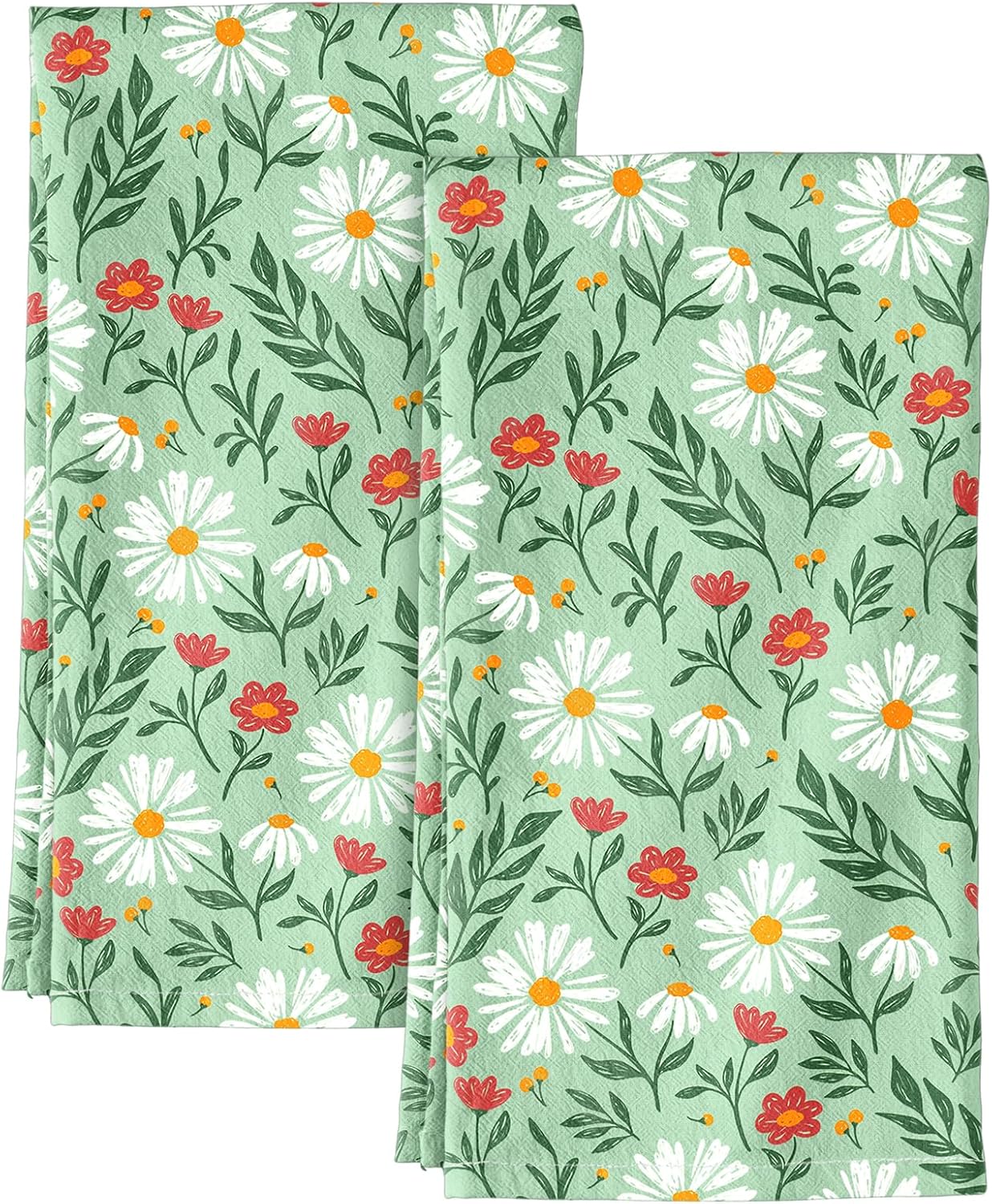 Miss Adola Flour Sack Kitchen Towels - Set of 2 Cotton Dish Towels with Hanging Loop Decorative 16x26 Inch Absorbent Cute Design for Housewarming Gifts, GN Daisy