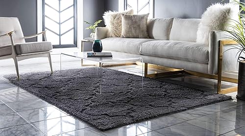 Miniatura 4 de Unique Loom Trellis Shag Collection - Alfombra de felpa geométrica moderna marroquí celosía gris oscuro (4 pies x 6 pies)