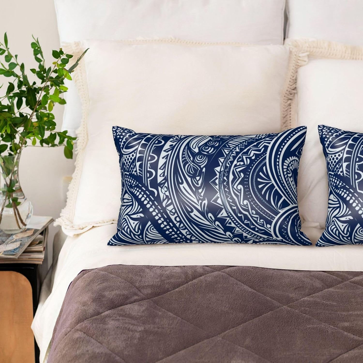 Silk Pillow Cases Set of 2, 20x30 Inches Queen Pillowcase for Hair and Skin, Soft Satin Bed Pillow Protector Covers with Hidden Zipper, Blue Polynesian Maori Tribal Pattern Pillow Cover