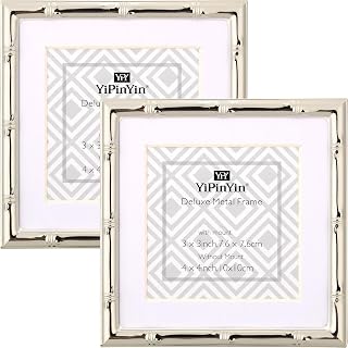 YiPinYin 4x4'' Silver Bamboo Metal Picture Frame with 3x3'' Mat Set of 2, 3x3'' Narrow Elegant Silver Plated Metal Picture Frame with Soft Touch Velvet Mat for Desktop