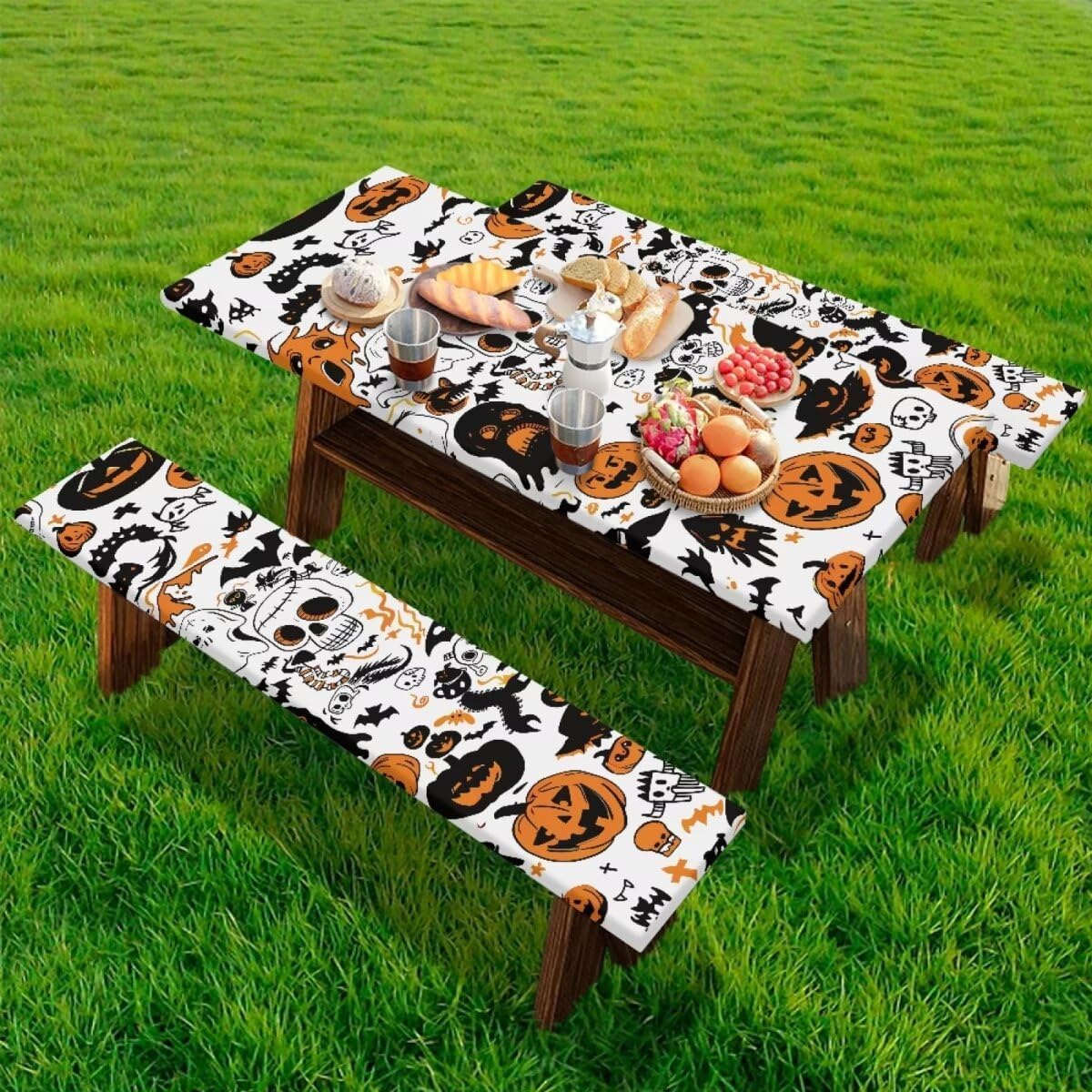 Halloween Pattern Camping Table Covers with Seat Covers Waterproof Picnic Outdoor Tablecloth with Bench Covers Farm Fitted Picnic Table Cover Camping Tablecloth Halloween Decor