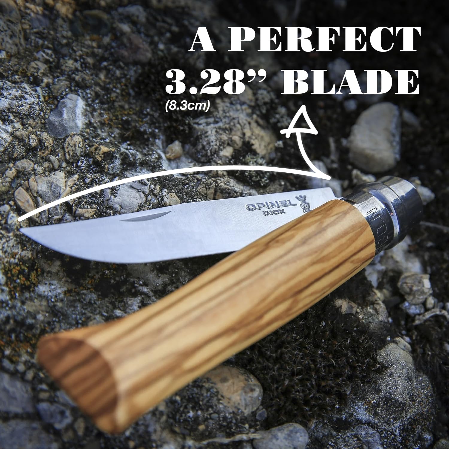 Opinel - N°08 Olivier Couteau de Poche Polyvalent + Étui Alpine - Lame 8,5 cm Acier Inox - Manche Olivier - Bague de Sécurité Virobloc - Fabrication Française