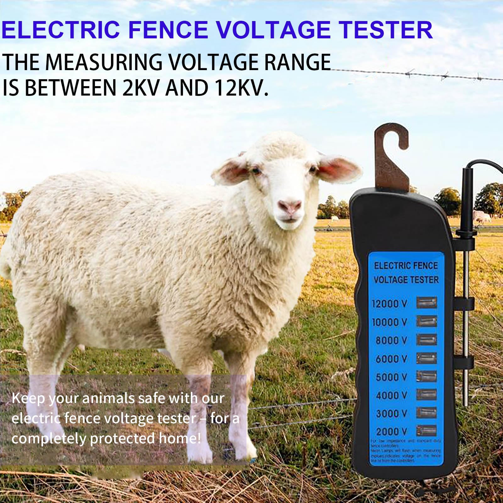 Probador Cercas Eléctricas de 12KV, Probador de Voltaje de Cerca Eléctrica 8 Luces Indicadoras de Neón, Comprobador de Vallas Impermeables para Granjas