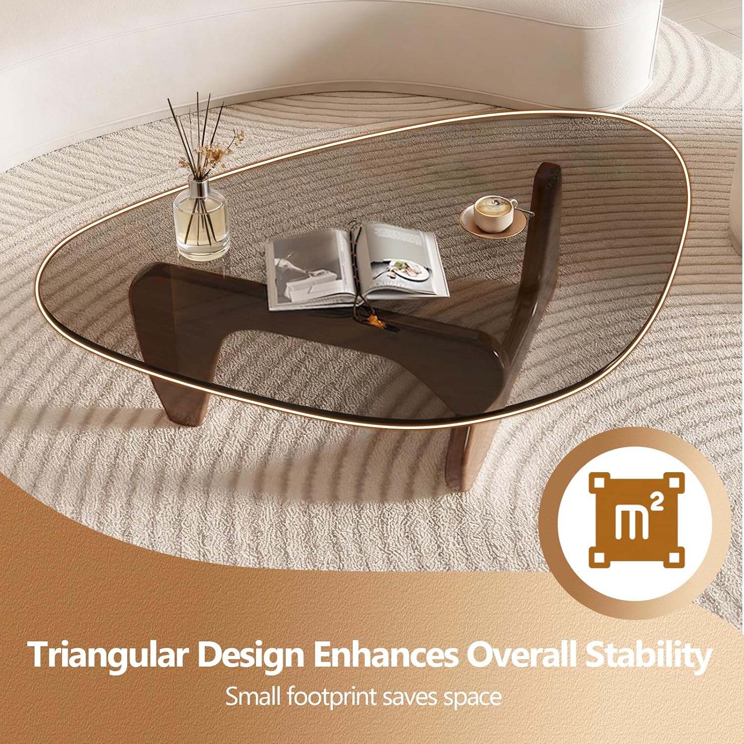 Triangle Coffee Table Small Glass Side Table Wooden Base Minimalist Modern Unique End Tables Suitable for Living Room, Bedroom, Balcony, Study, Office