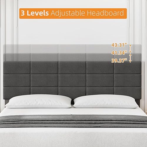Miniatura 5 de GAOMON Base de cama tamaño King con cabecera ajustable, base de cama tapizada de lino con soporte de listones de madera, marco de metal resistente,