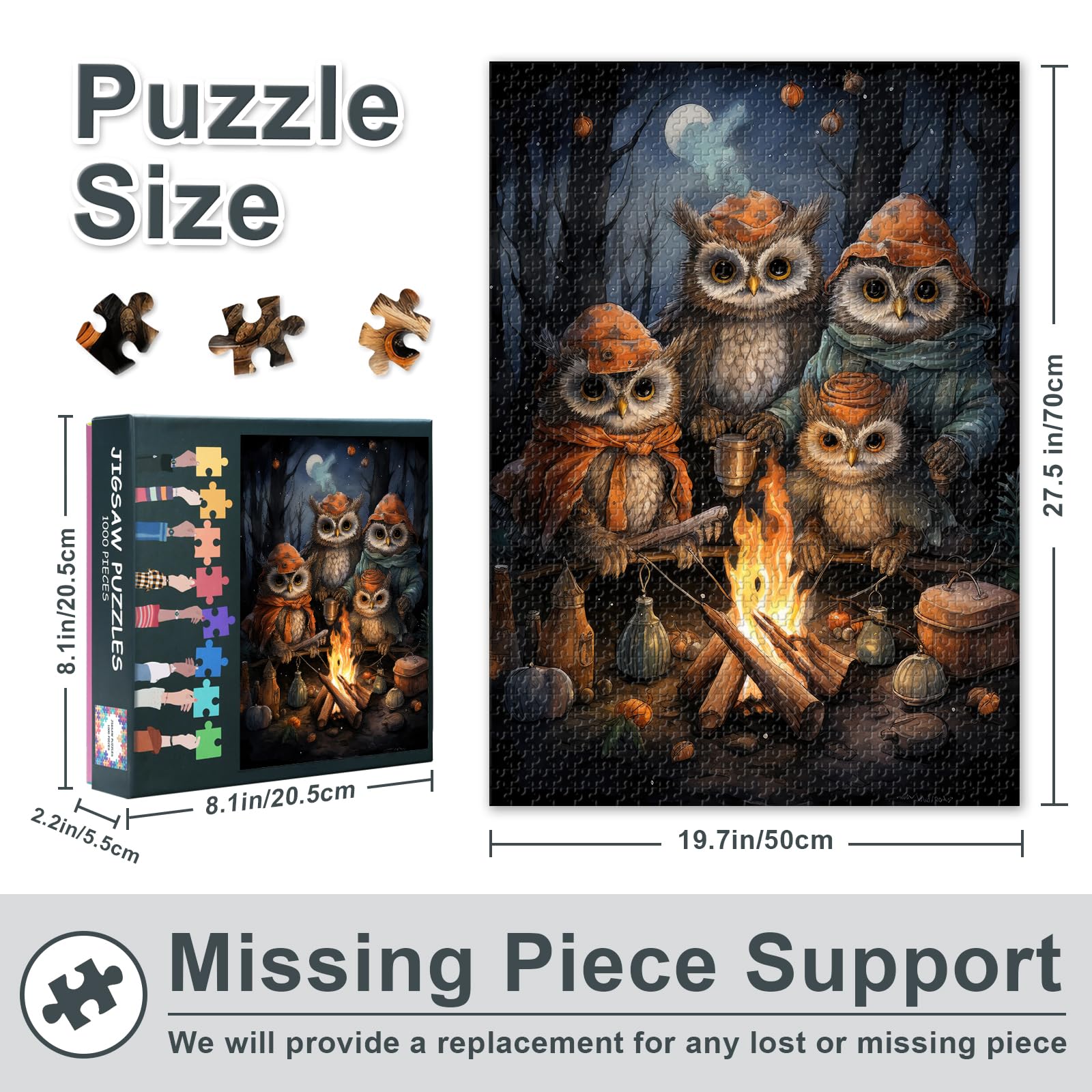 Animal Jigsaw Puzzles 1000 Pieces, Four Owls Sitting on a Campfire in the Forest at Night Puzzle for Adults 1000 Pieces - Image 3
