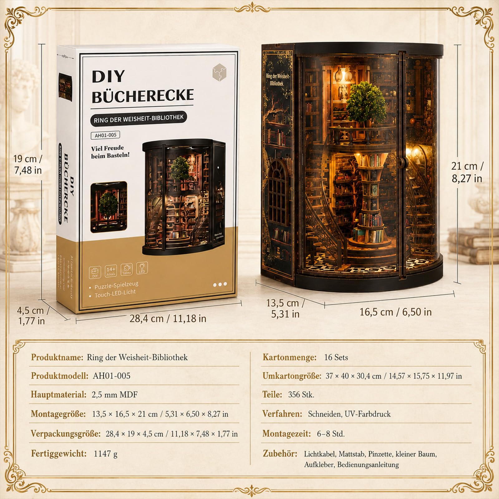 Kit Book Nook con Luz LED, Book Nook Biblioteca Antigua, 356 Piezas Puzzle 3D de Madera para Biblioteca, DIY Miniaturas para Montar, Sujetalibros Decorativo para Adultos, Regalo para Lectores