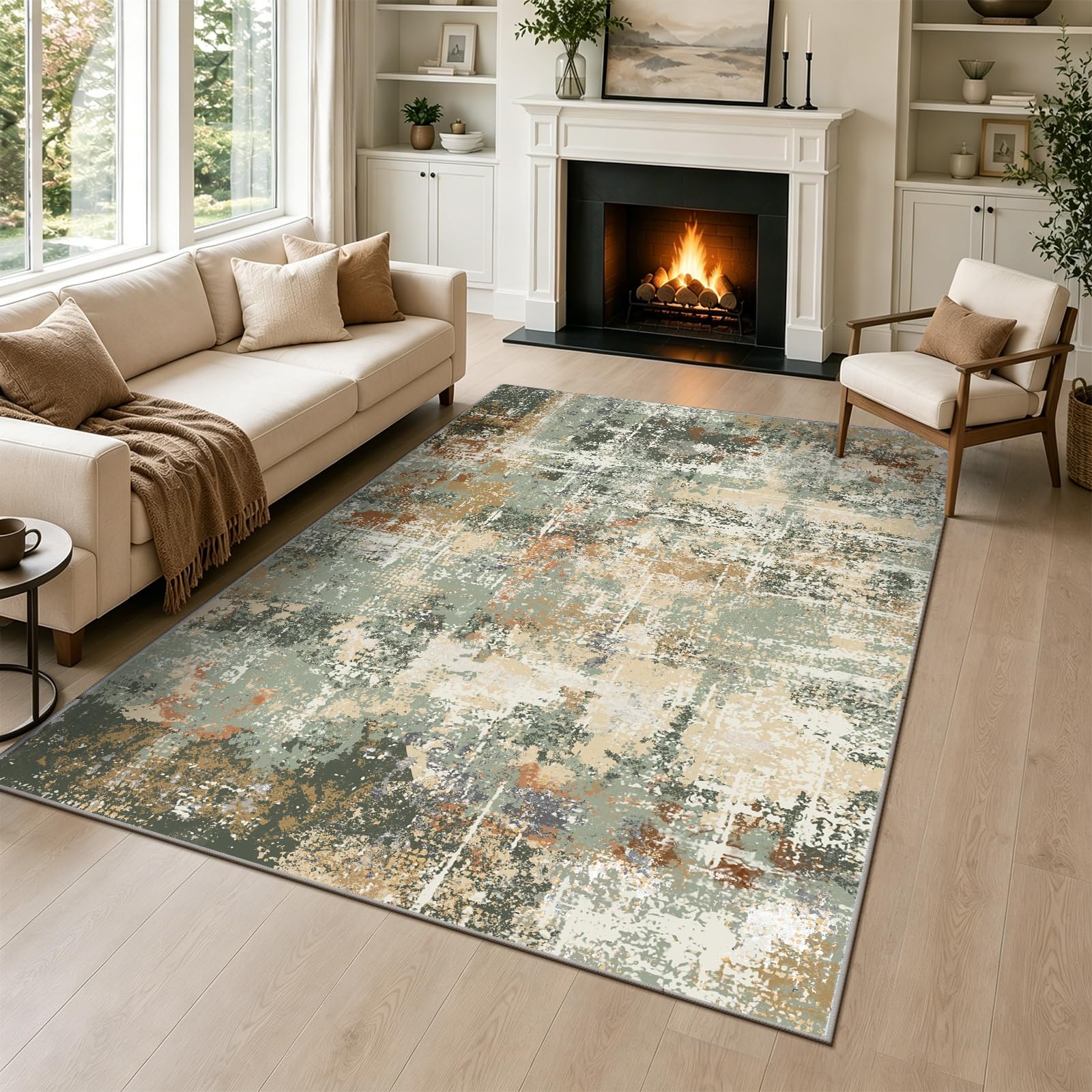 Capslpad 120x180cm Large Modern Abstract Rugs Living Room Non-slip Area Rug Short Pile Faux Wool Bedroom Carpet Lightweight Washable Minimalist Floor Carpet for Indoor Home Office Decor, Dusty Sage