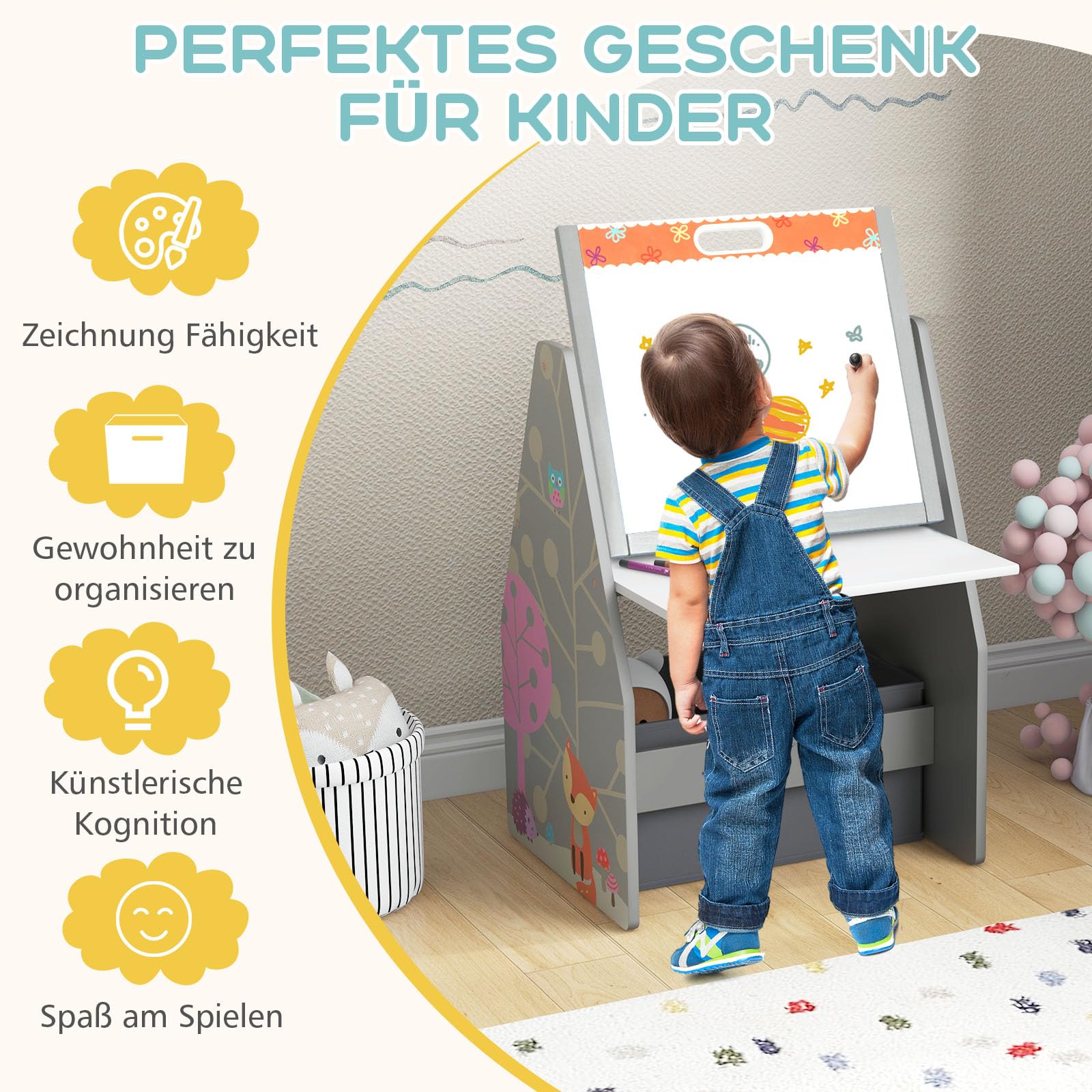 GOPLUS Kinderstaffelei Spieltisch mit Stuhl, Kindertisch und Stuhl-Set mit drehbarer doppelseitiger magnetischer Tafel & Whiteboard, Bücherregal & Aufbewahrungsfach, Maltisch für Kinderzimmer(Grau)