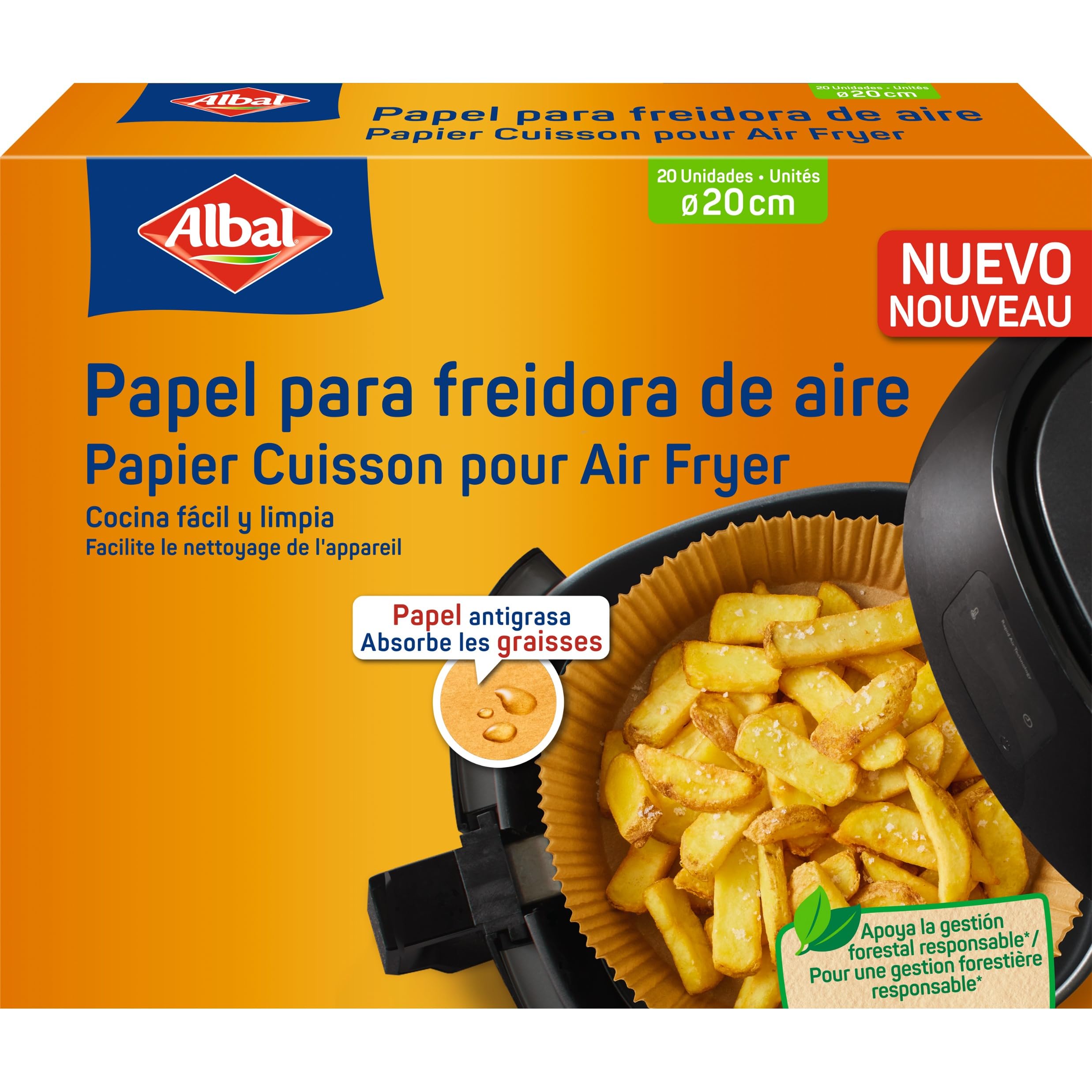 Albal Papel para freidora de aire 4-8 L - Papel para air fryer apto para freidoras redondas y cuadradas, protector de air fryer antigrasa, antiadherente y desechable, 20 cm, 20 unidades