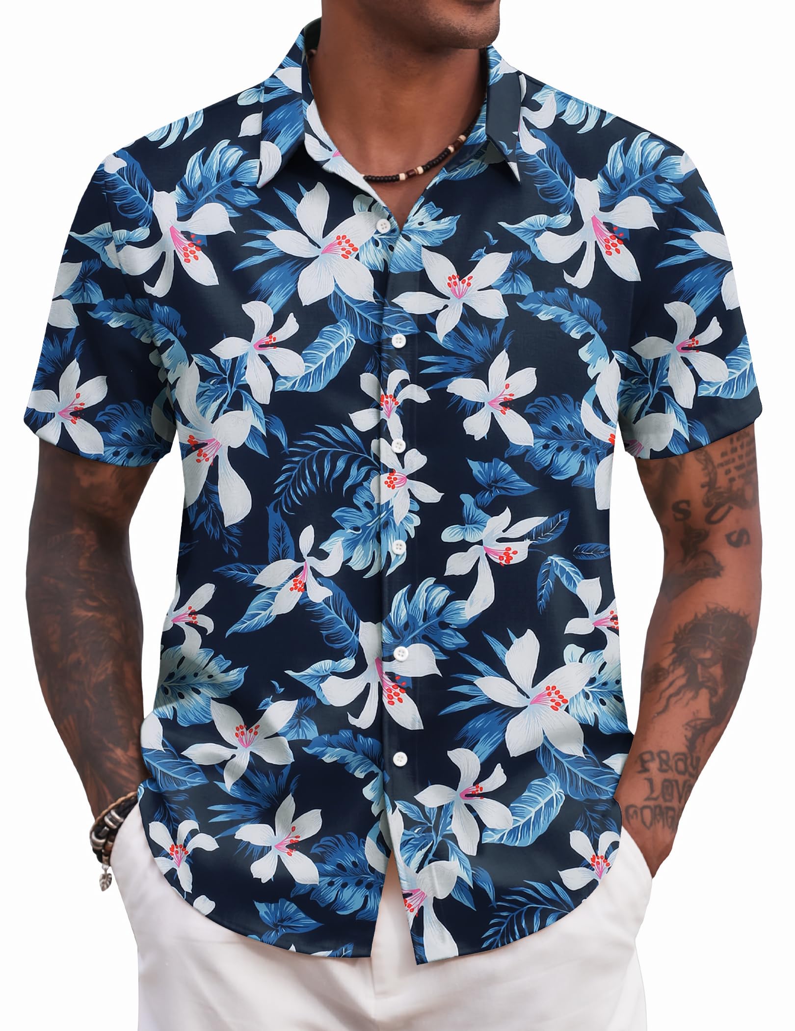 COOFANDY Hawaiiaanse shirts voor heren, shirts met korte mouwen, zomershirts, casual shirts, strandshirt, tropische shirts, bloemenshirt, normale pasvorm, Groene Bladeren, XXL