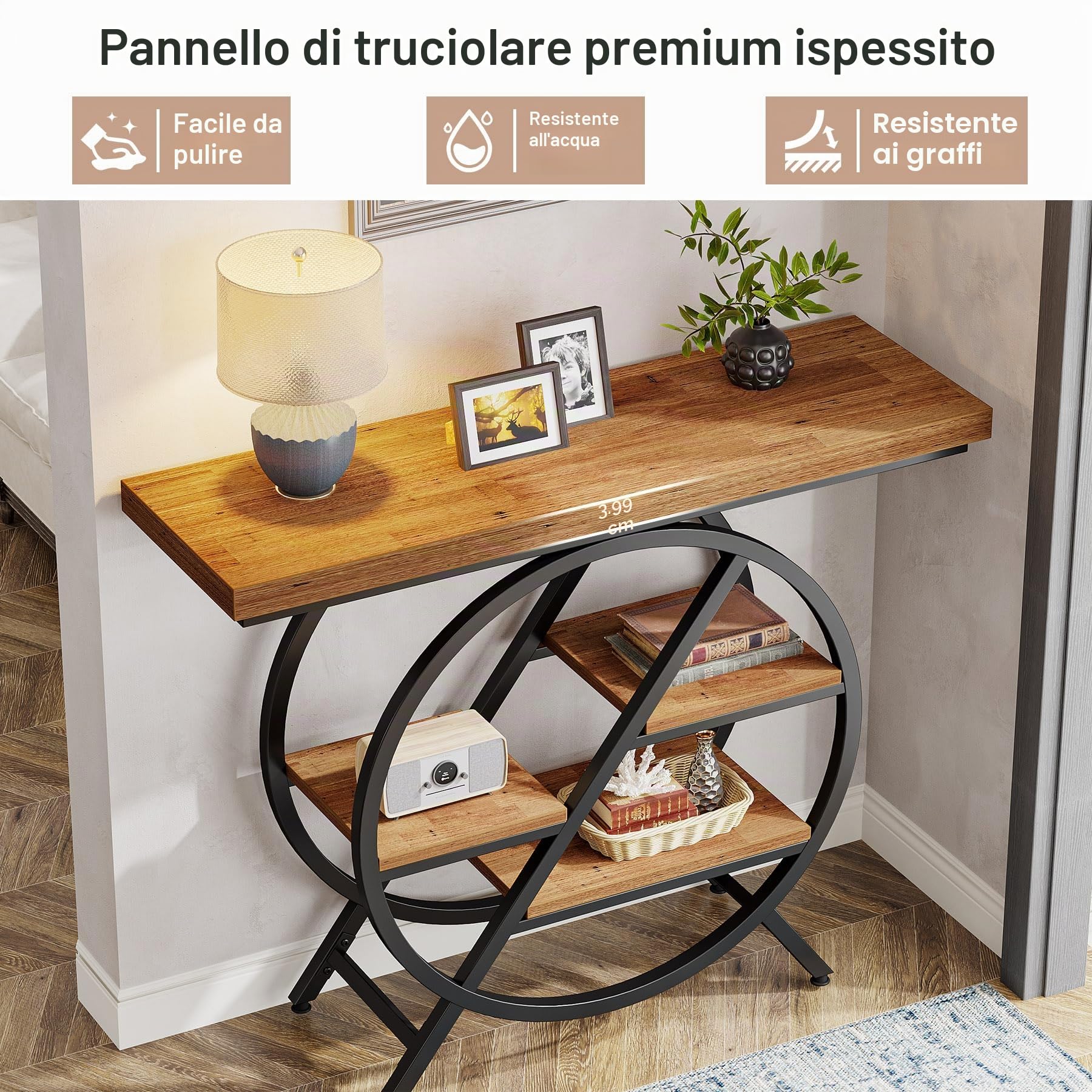 Tribesigns Tavolo consolle, tavolo da ingresso da 90 cm con piano ispessito, divano industriale stretto a 4 livelli con struttura geometrica in metallo per soggiorno, ingresso, marrone chiaro