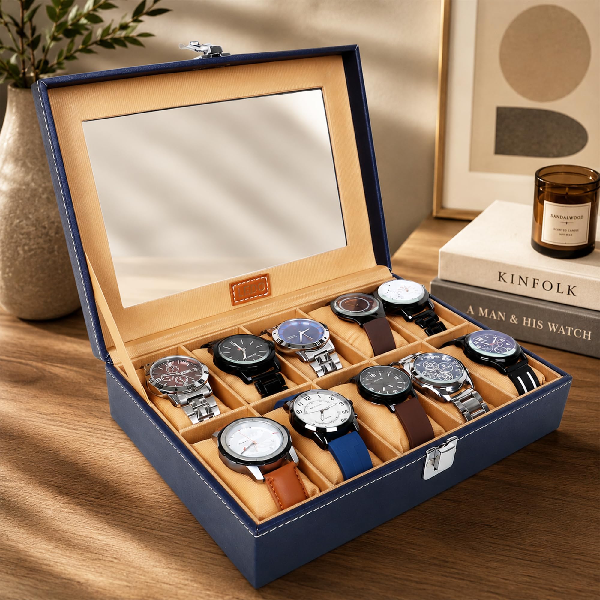 LEDO Watch Box Organizer with 10 Slots, PU Leather Case, Blue and Cream Interior, Transparent Display Window, Metal Clasp Lock, Rectangular Storage for Men and Women