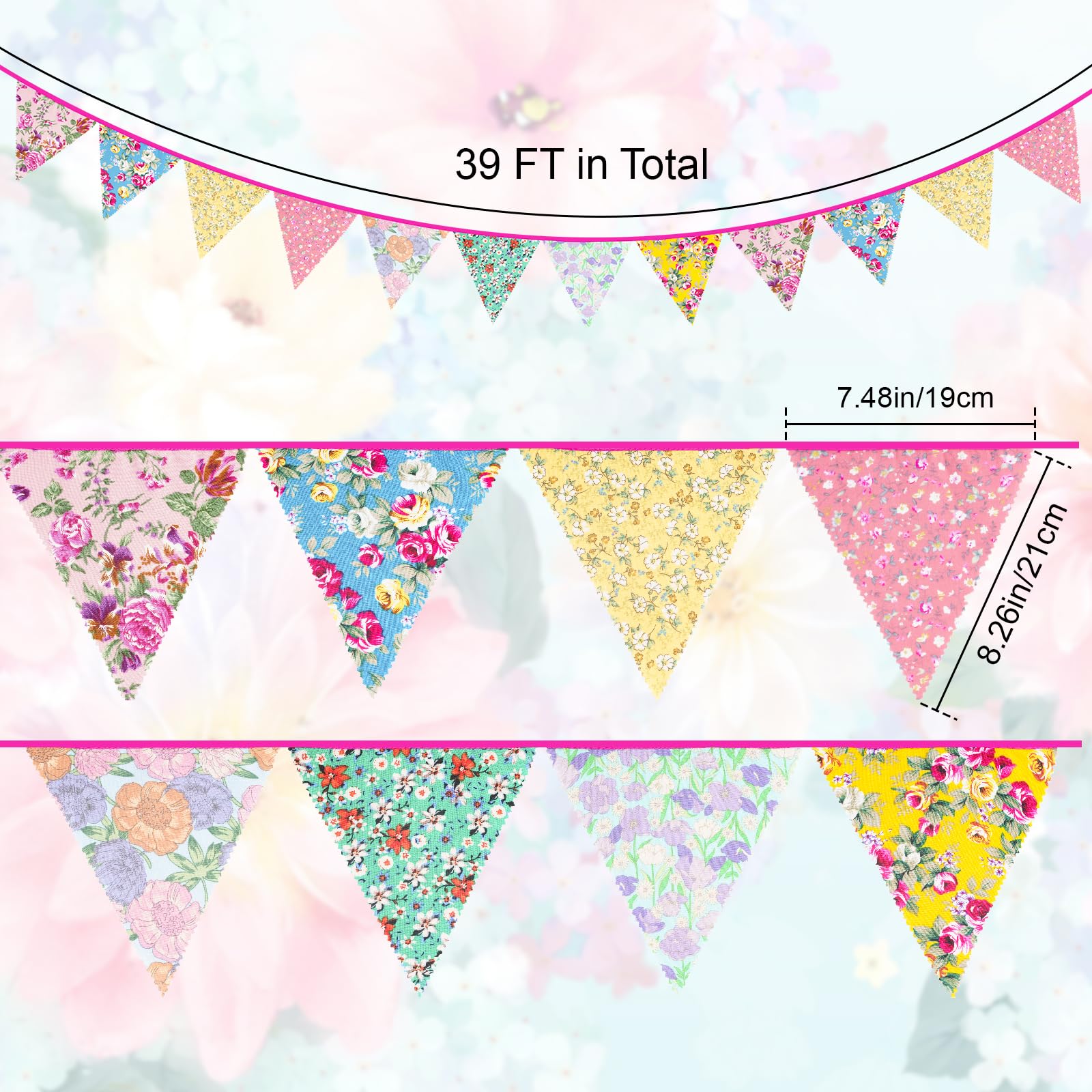 jijAcraft 39Ft Triangle Bunting Banner, 42Pcs Tea Floral Party Bunting Cotton Fabric Flags Pennant Garlands for Birthday Party, Wedding, Baby Shower, Outdoor and Home Decorations (Floral)