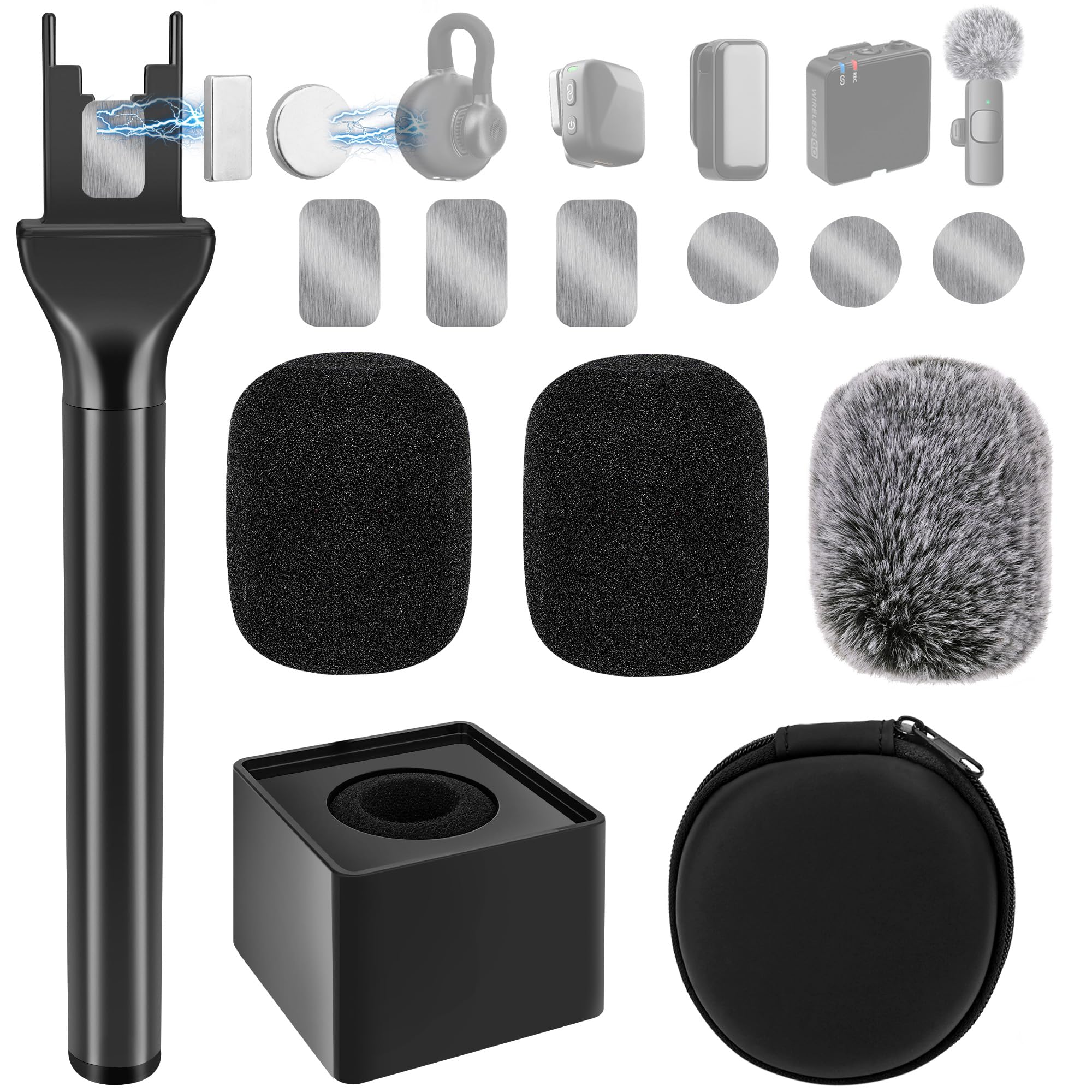 Geekria for Creators Mic Handle Mango de micrófono para DJI Mic 3, compatible con Hollyland Lark M2S, Rode Wireless GO Lavalier Mic, Soporte magnético de micrófono con 3 filtros anti-pop