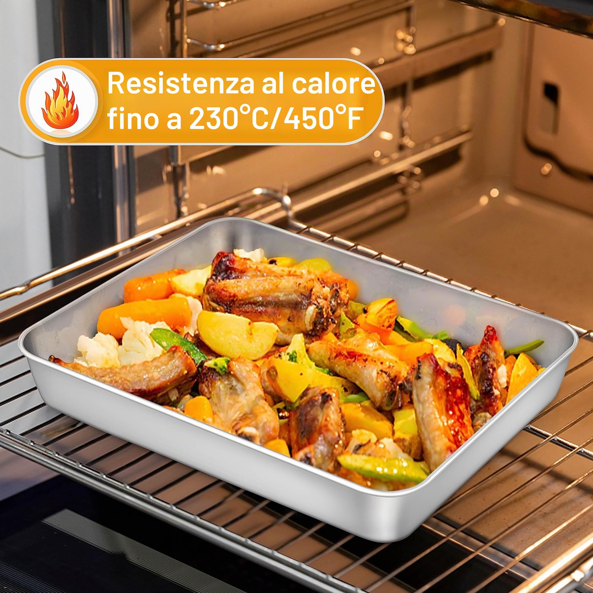 Homikit Teglia da forno in acciaio inox, grande teglia da forno, set da 2 pezzi, rettangolari, con profondità di 5 cm, per cuocere, arrostire, lucidata e lavabile in lavastoviglie, 31,6 x 24,7 x 4,8