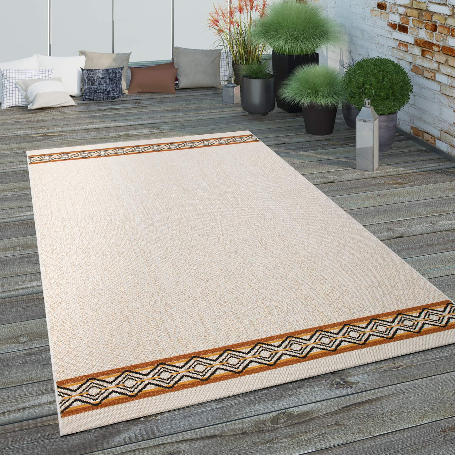 Paco Home Outdoor Teppich Wetterfest Wohnzimmer Balkon Küchenteppich Schlafzimmer Boho Moderne Sisal Optik Geometrische Muster, Grösse:120x170 cm, Farbe:Creme