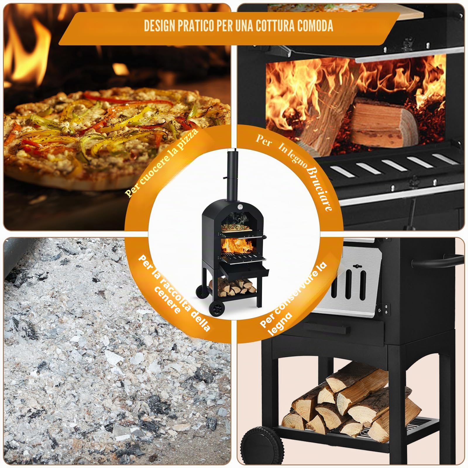 KOMFOTTEU Mini forno per pizza, in ferro, da 200 ℃ a 350 ℃, portatile, con pietra per pizza, griglia, per feste, barbecue