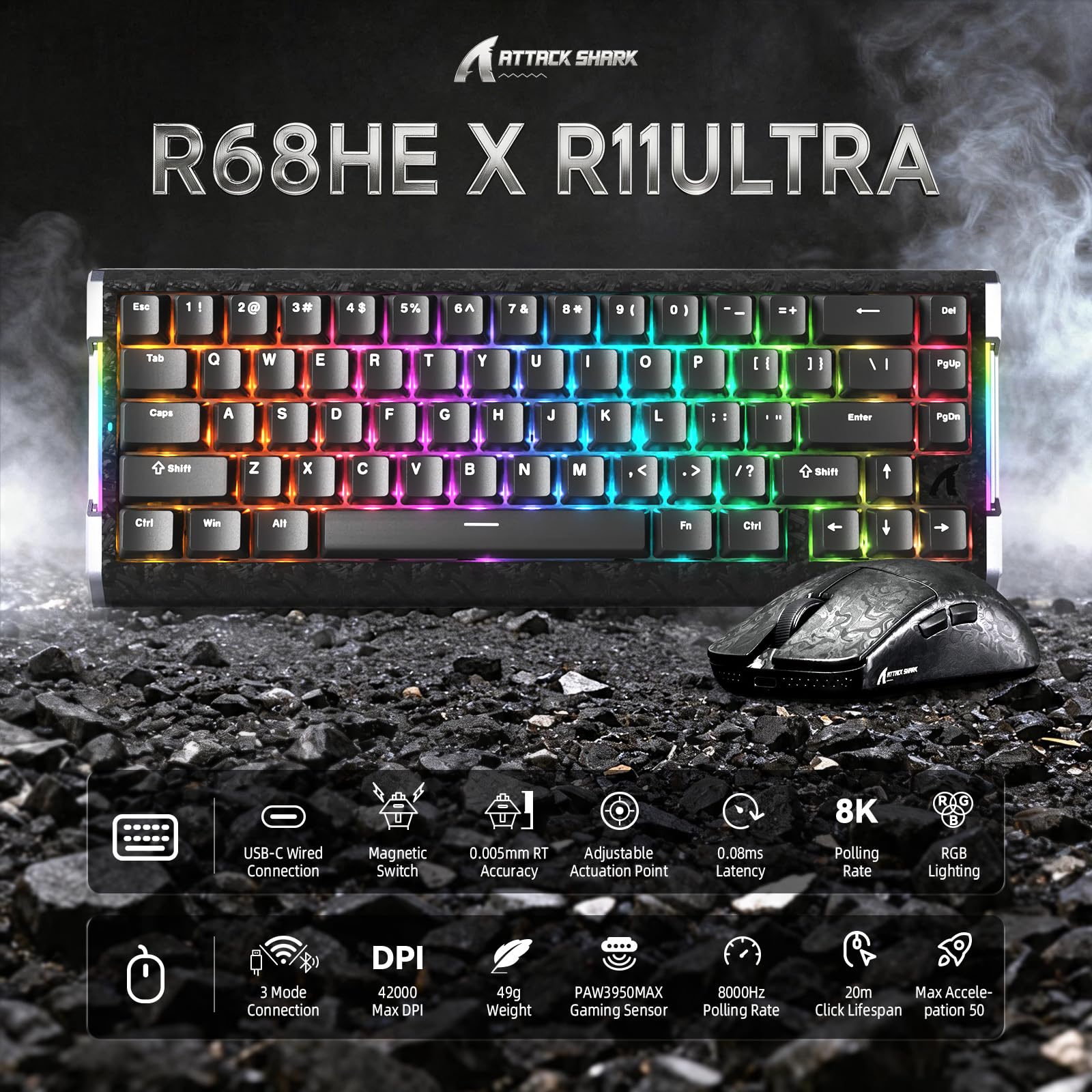 ATTACK SHARK 8KHz Carbon Fiber Tastiera e Mouse Gaming, Rapid Trigger-NeroC