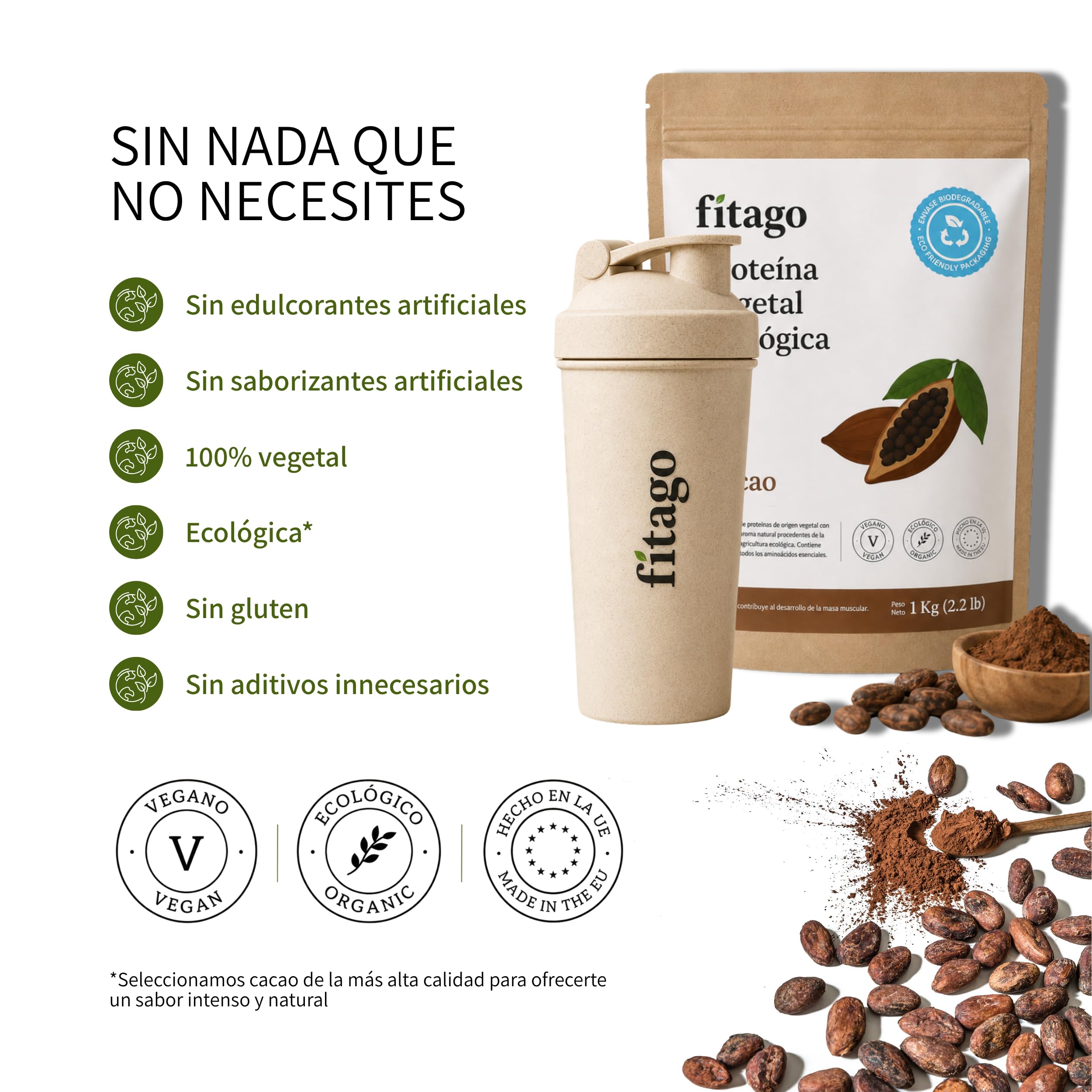 Proteina Vegana Ecologica en Polvo, 1kg | 73% Proteina Vegetal de Cacao