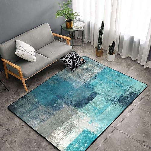 Alfombra suave para sala de estar, pintura de arte abstracto turquesa y gris, alfombra grande para piso, antideslizante, lavable, alfombra de