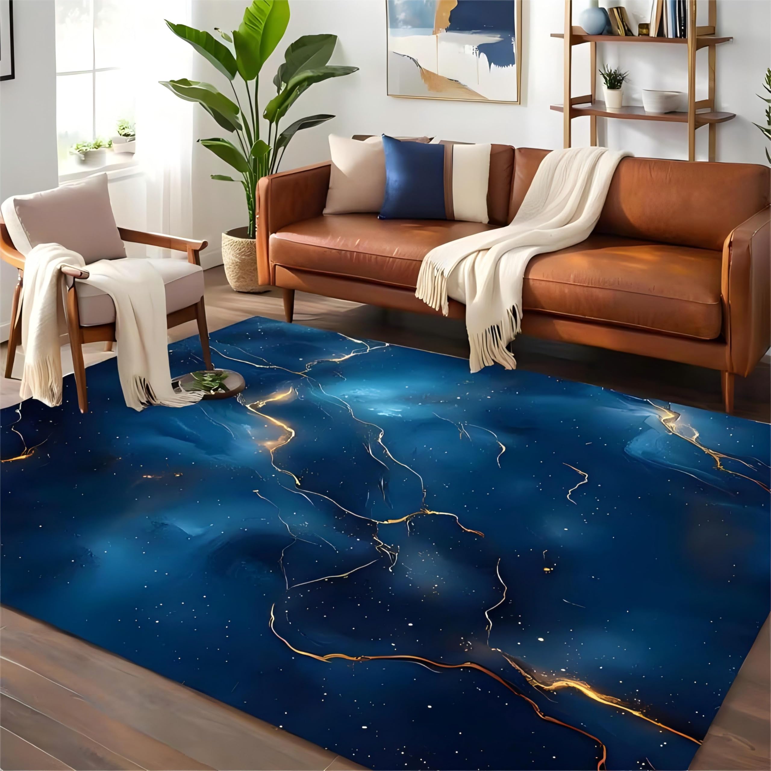 Washable Area Rug, 60x90cm Starry Sky Blue and Gold Print 3D Design Non-slip and Machine Washable Rug, Beautiful, Stylish, Artistic Decoration Large Area Indoor Rug for Bedrooms and Living Rooms