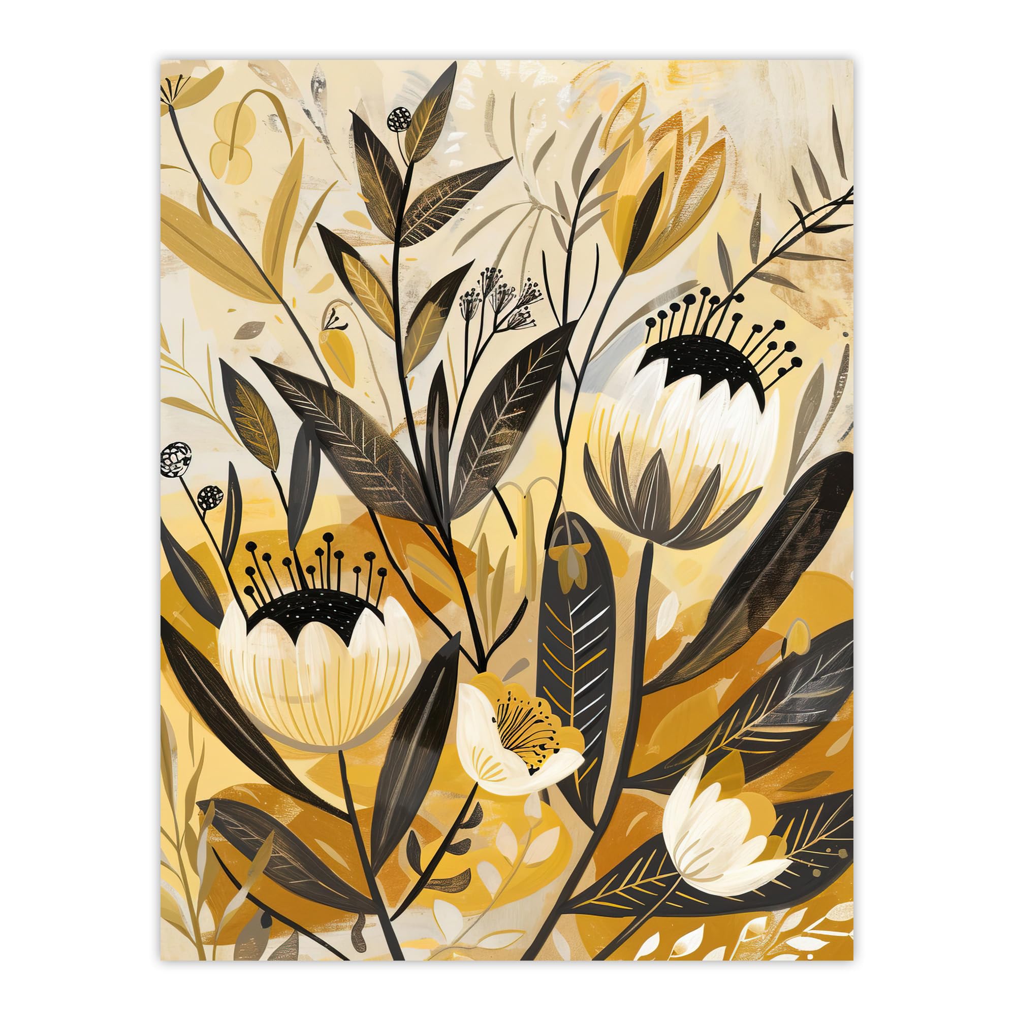 Artery8 Anemone Flowers Mustard Yellow Grey Boho Design Living Room Large Wall Art Poster Print Thick Paper 18X24 Inch