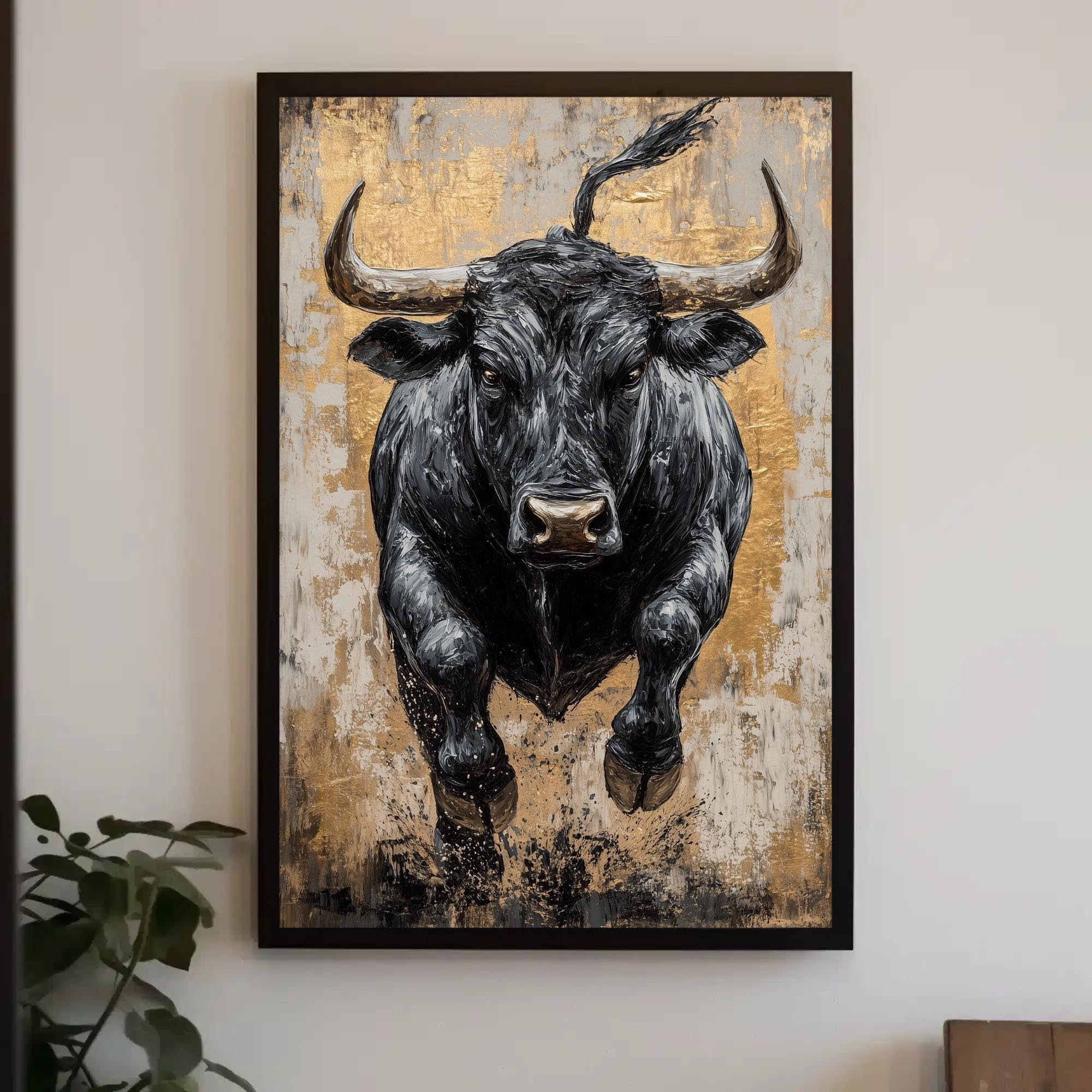 LMYCHENG Czarny byk abstrakcyjny plakat na płótnie - retro rustykalna sztuka ścienna dekoracja farmy ranczo portret zwierząt (70 x 110 cm/bez ramki)