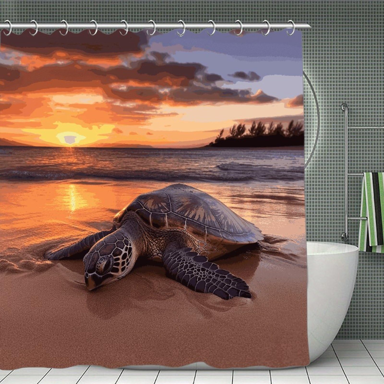 FekiLoot Sea Turtle Sunset Shower Curtain Minimalist Thick Bathroom Curtain Washable Modern Bathroom Shower Curtain Heavy Duty Waterproof Cloth Bath Curtain with Hooks 70.8"x70.8"