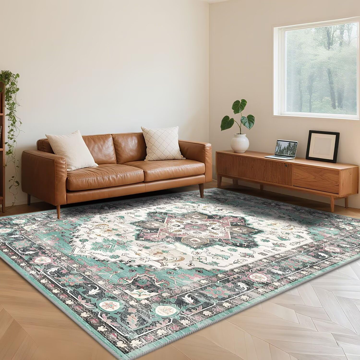 Tapis à poils courts bleu rétro 100x200 cm lavable pour salon et chambre