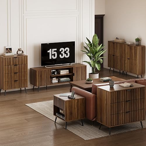 Miniatura 6 de Soporte de TV acanalado de nogal de 63 pulgadas con 2 gabinetes y estante ajustable, consola multimedia para TV de 30 a 70 pulgadas para sala de