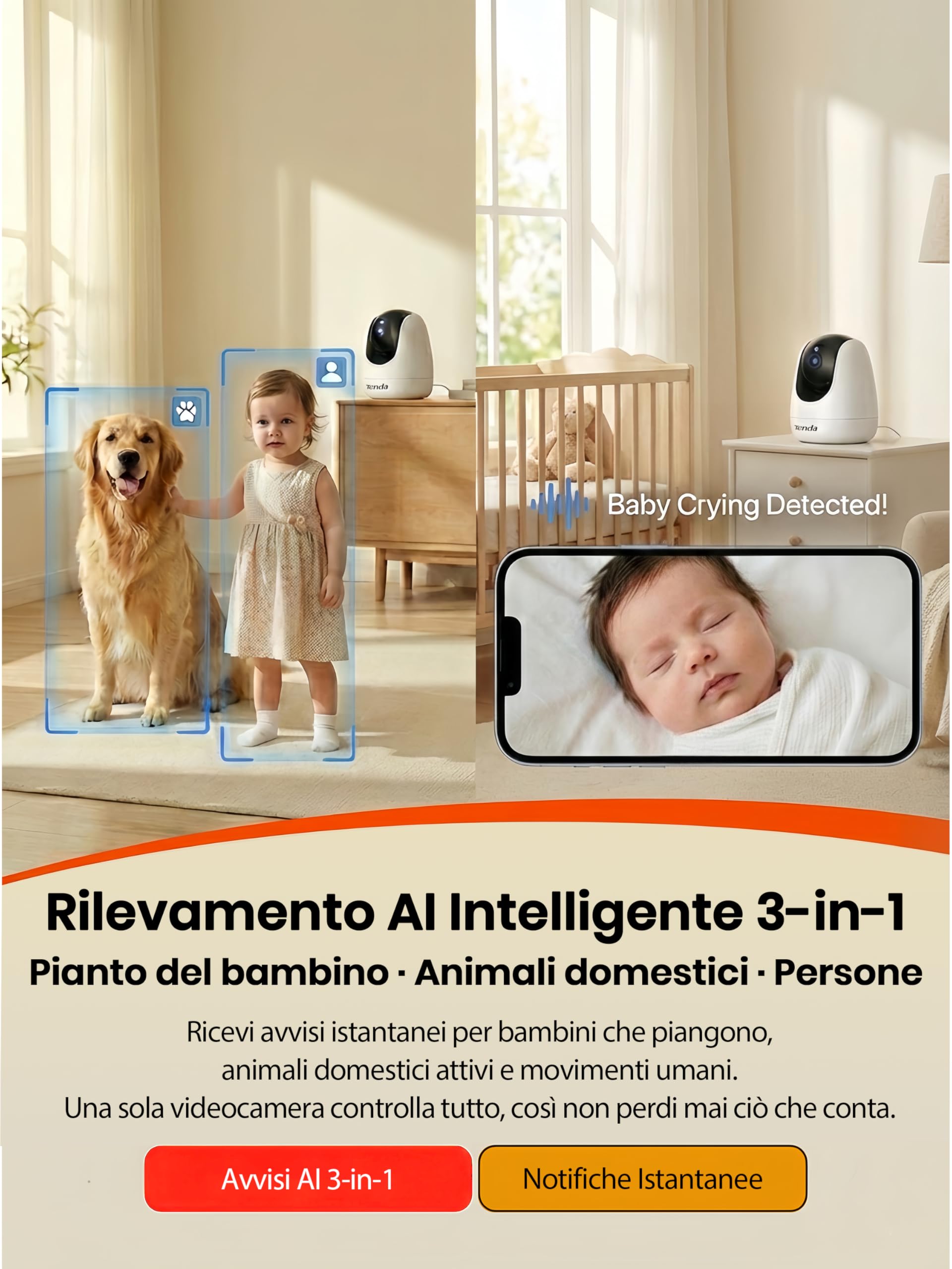 Tenda CP3 Pro Telecamera Wi-Fi Interno, 360° 2K Videocamera di Sorveglianza, Webcam di Sicurezza per Bambini/Anziani/Cani, Visione Notturna, Chiamata con un Tocco, Audio Bidirezionale, Wi-Fi 6