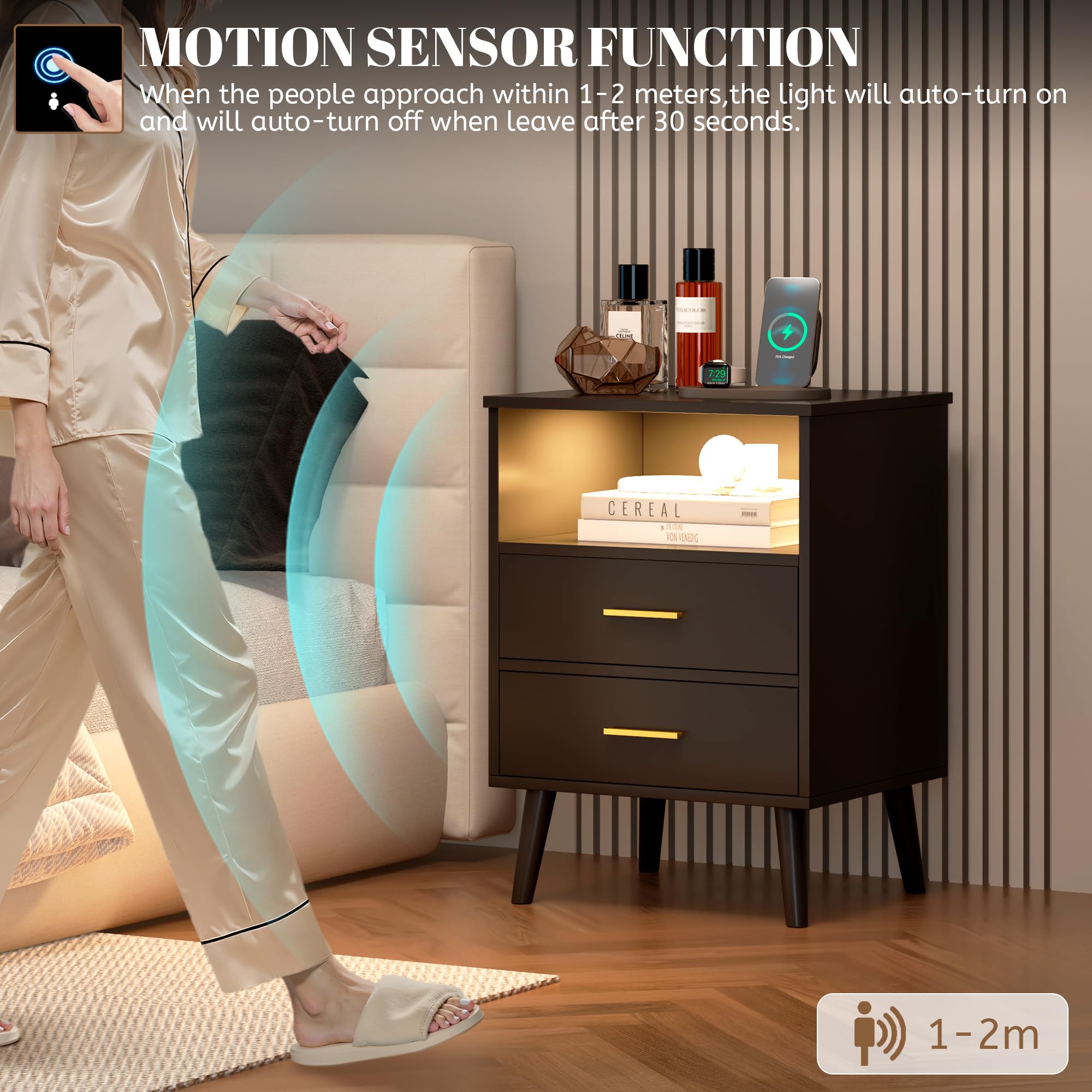 Vlsrka LED Comodino con Cassetto Nascosto, Comodino con Funzione di ricarica, Comodini moderni con 3 Cassetti, Comodini in Legno Camera da letto, Ricarica Wireless, Luci 3 colori, Nero