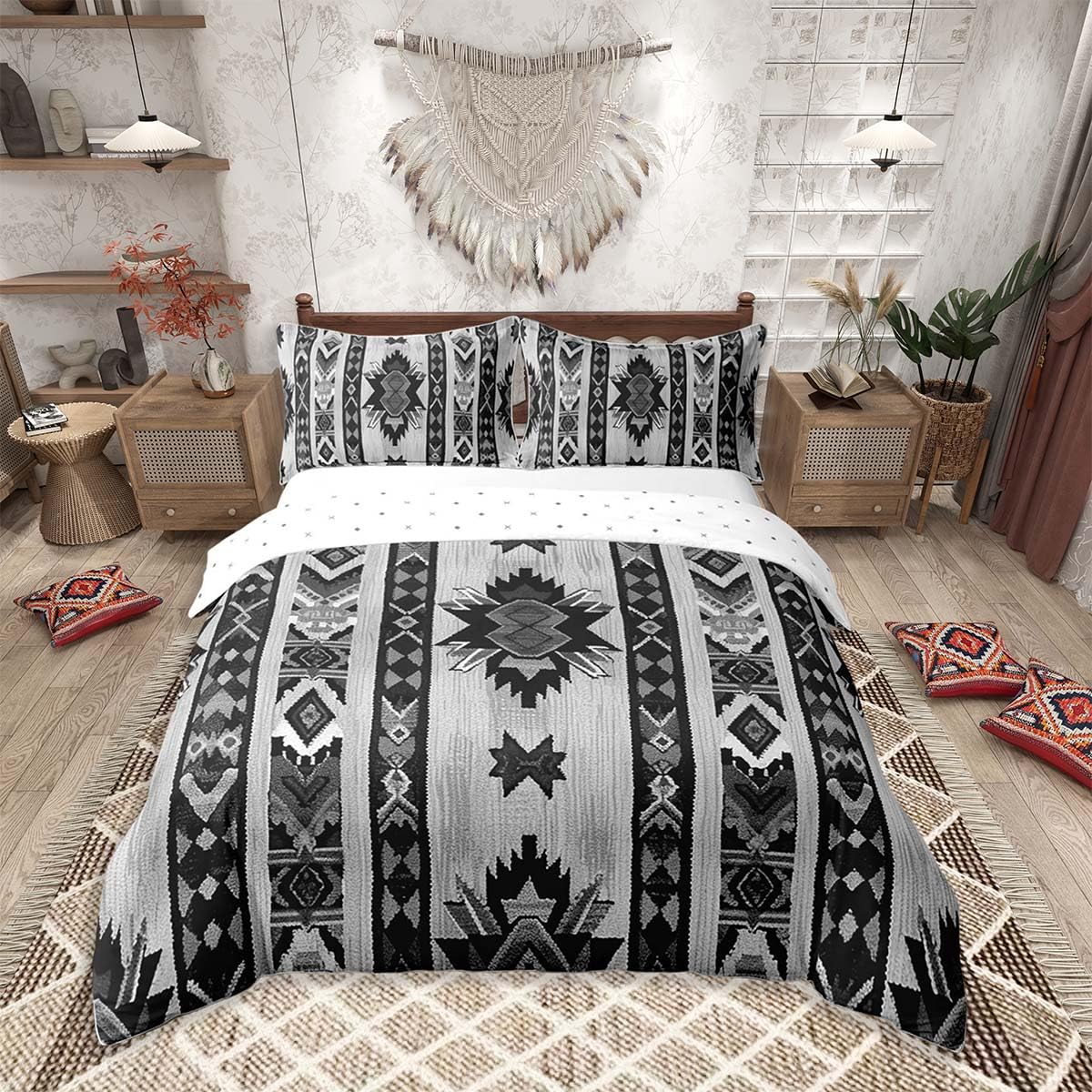 Homemissing Grey Southwest Bedding Set Super King Size Geometric Tribal Exotic Style Duvet Cover Set Native American Indian Design Duvet Cover with 2 Pillowcases Stripes Line Bedclothes โ image 1