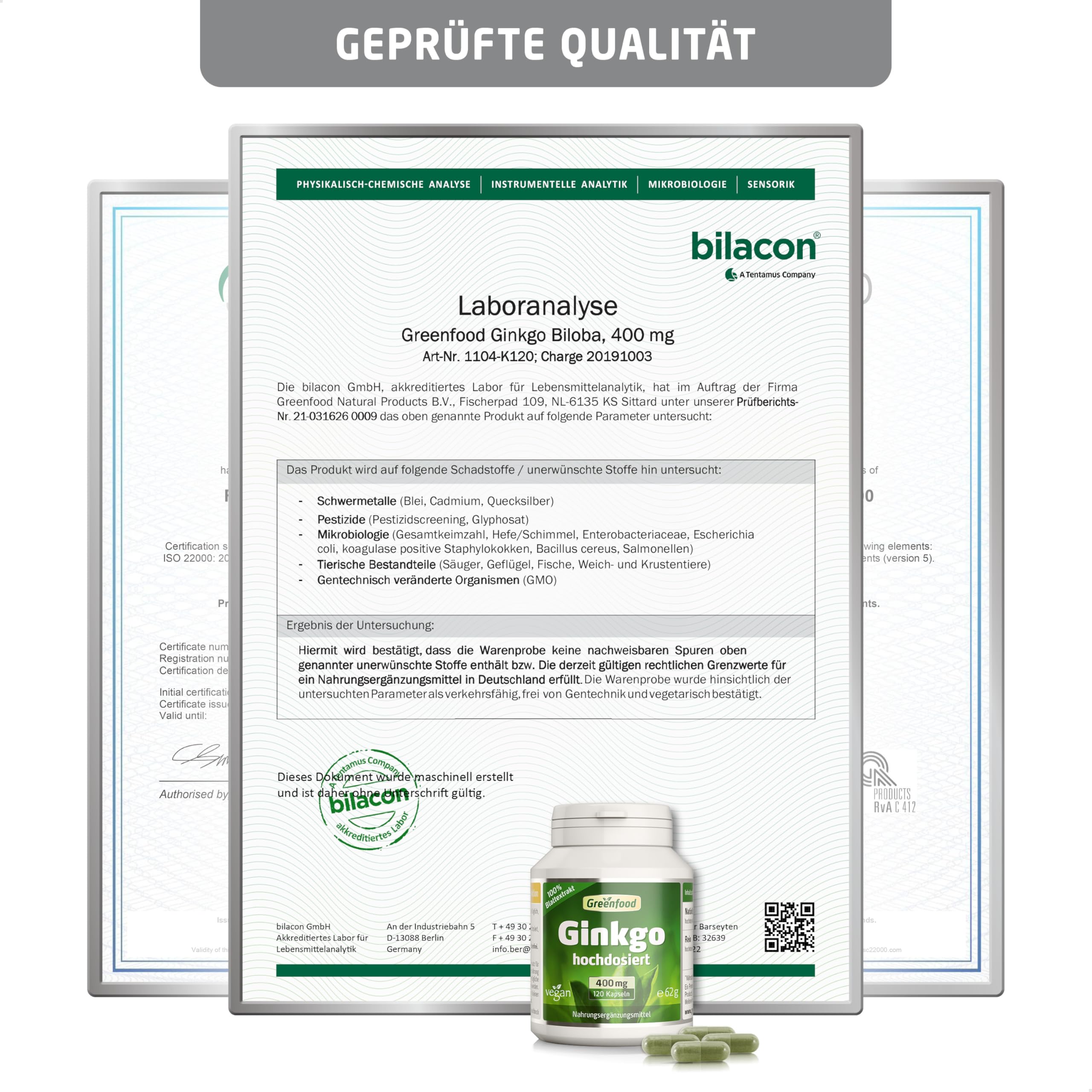 Ginkgo Biloba, hochdosiert, 400 mg - 120 Kapseln, vegan. Reiner Blatt-Extrakt mit Vitamin B5 - unterstützt die kognitive Funktion. OHNE künstliche Zusätze, laborgeprüft. Von Greenfood.