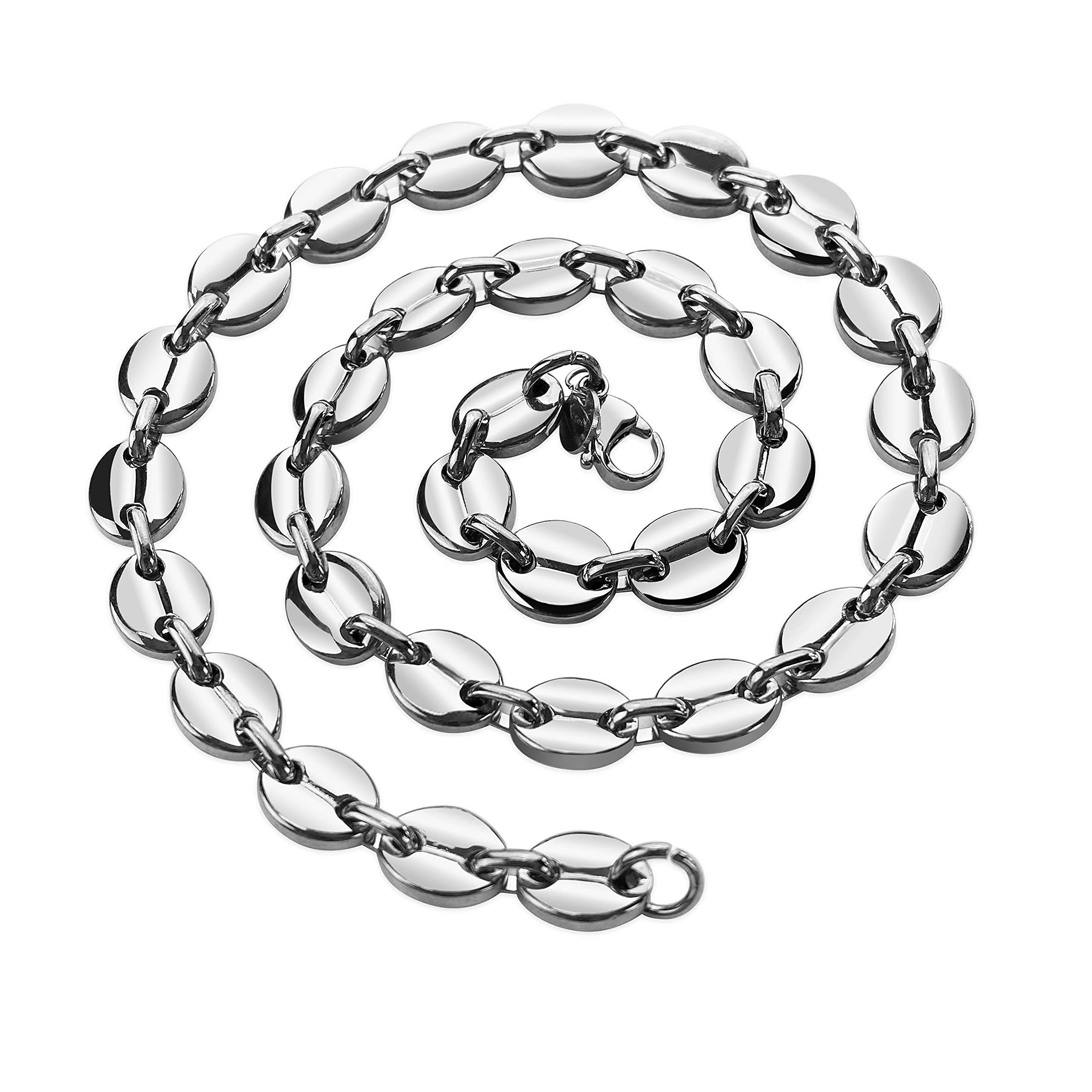 AURSTORE Ensemble, Parure Chaine 56cm et Bracelet 21cm en graine de café en Acier Inoxydable Homme (Argent, 11)
