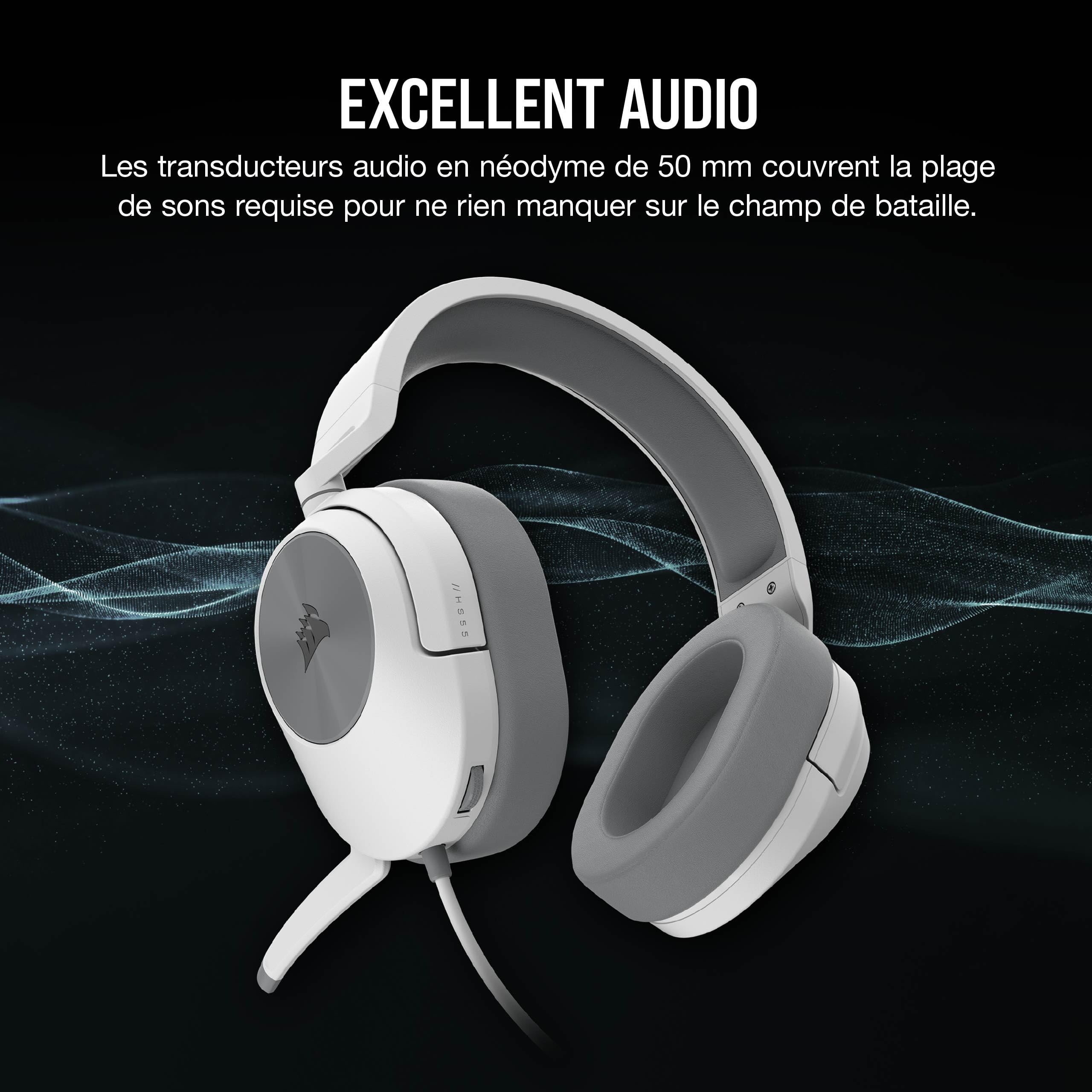 CORSAIR HS55 STEREO Casque Gaming Filaire Léger – Microphone omnidirectionnel, Haut-Parleurs en Néodyme, Compatible iCUE – PC, Mac, Xbox, Nintendo Switch, Mobile – Blanc - 2