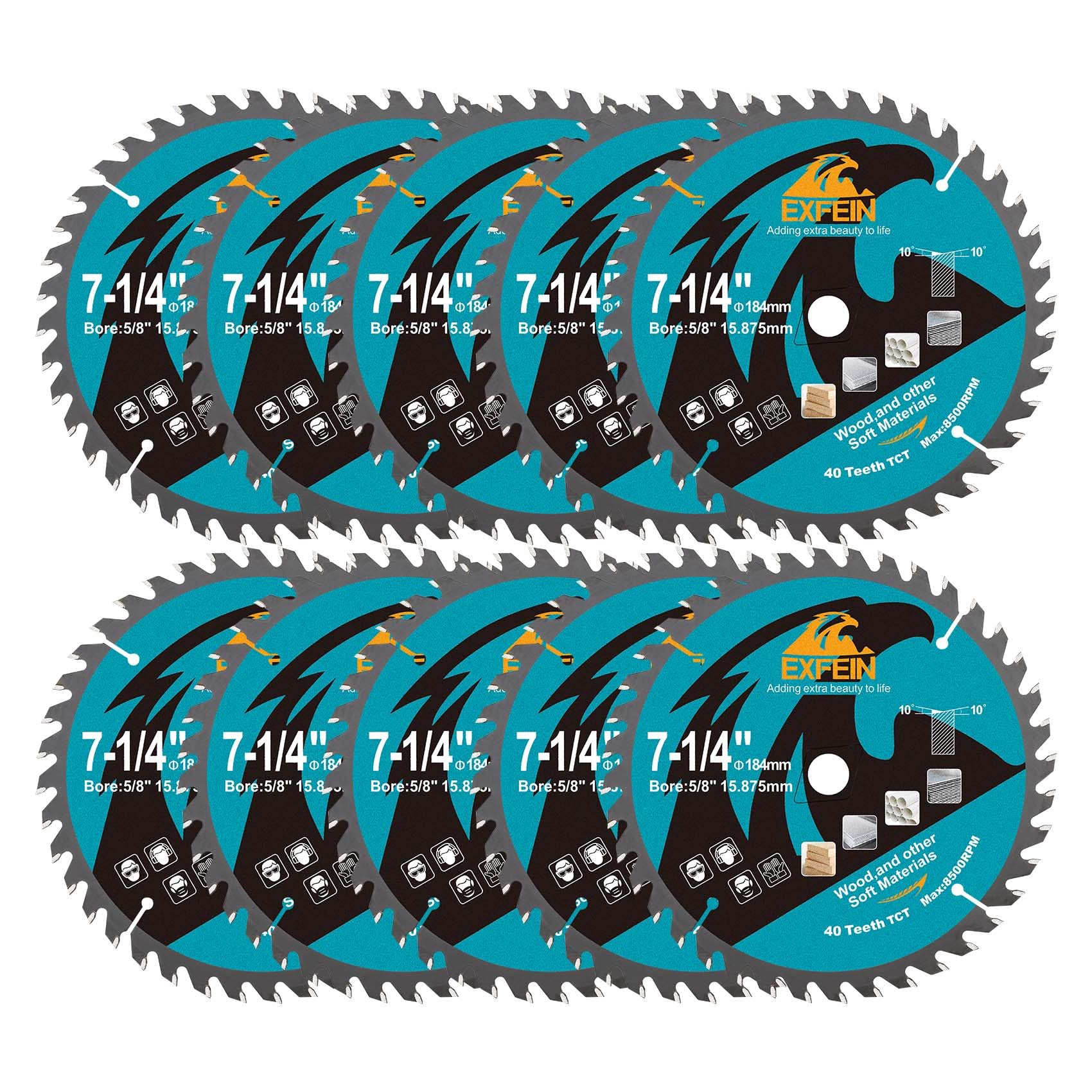 EXFEIN 184mm Wood Cutting Discs 10pcs, 40 Teeth ATB TCT Fine Finish Disc with 15.875mm Bore for Wood Plastic