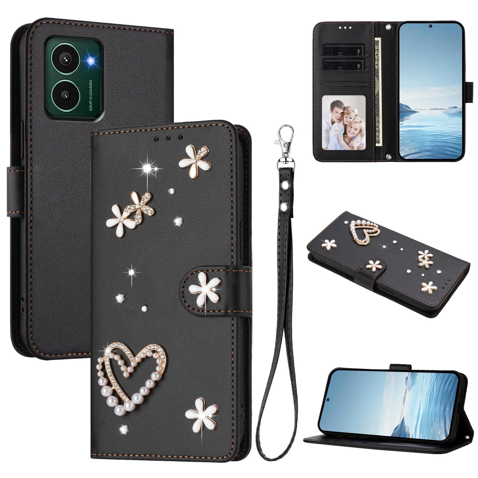 スマホケース 対応機種 for Nokia HMD Pulse/Pro/Pulse Plus ランヤード【カードホルダー付き財布 フリップカバー マグネットバックル キックスタンド】 Black