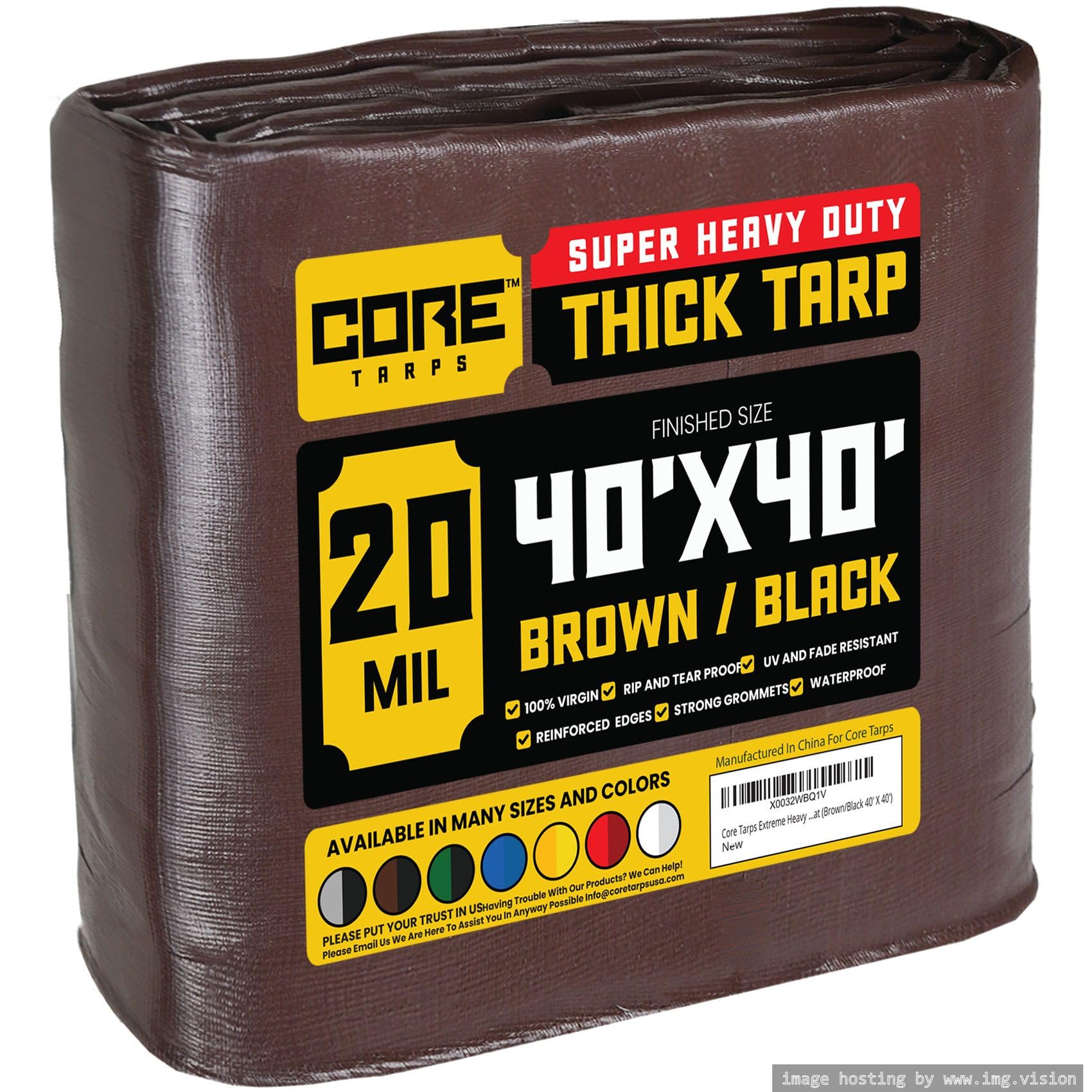 Core Tarps Extreme Heavy Duty 20 Mil Tarp Cover, Waterproof, UV Resistant, Rip and Tear Proof, Poly Tarpaulin with Reinforced Edges for Roof, Patio, Pool, Boat (Brown/Black 40′ X 40′)