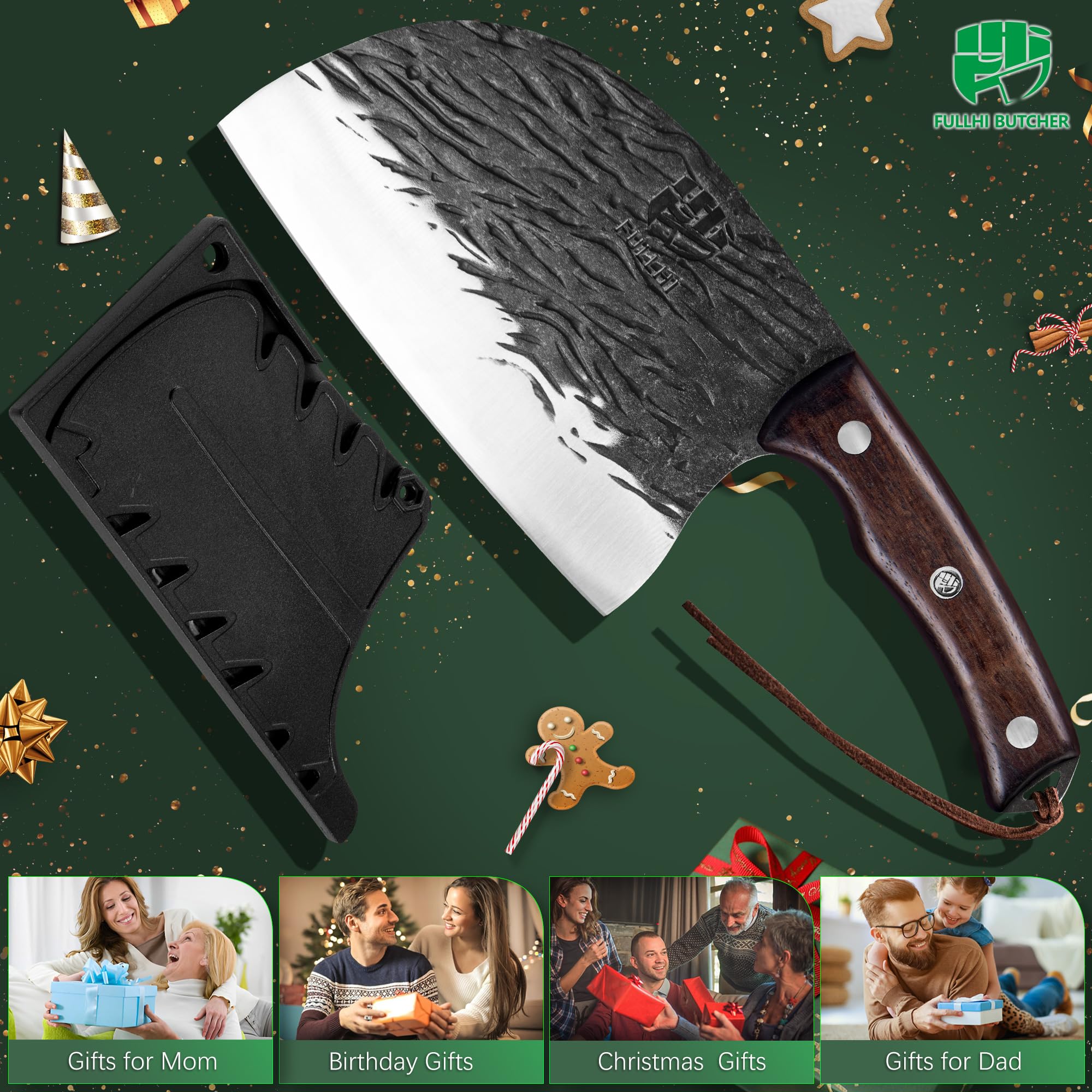FULLHI Coltello da macellaio con fodero, coltello da cuoco serbo Tang, coltello da verdure con mannaia in acciaio al carbonio per esterno, campeggio