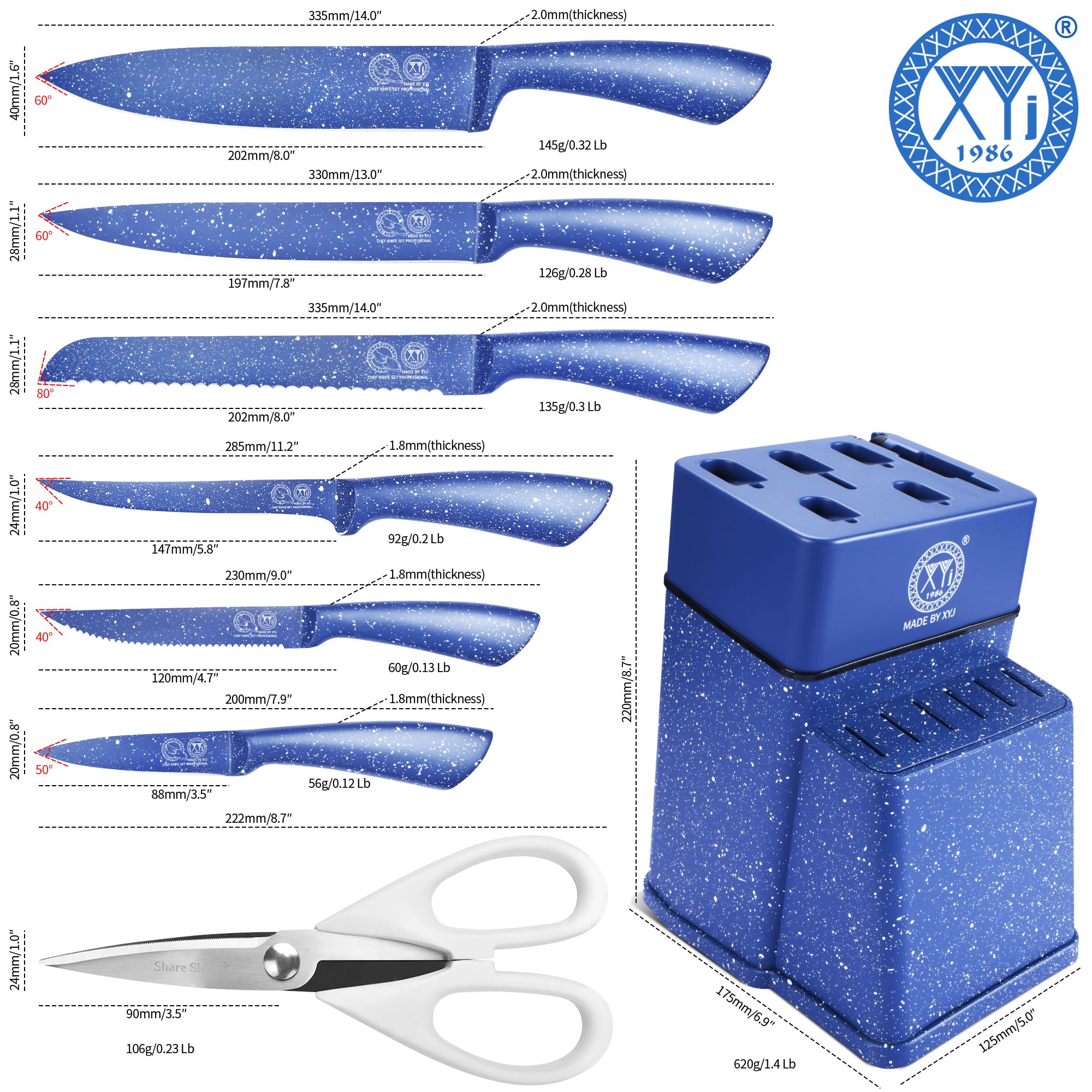 XYJ Authentic Since 1986 - Set di coltelli da cucina, in acciaio inox con portacoltelli, set professionale di coltelli da cucina giapponesi, per frutta, pane, coltello da bistecca, coltello da cuoco