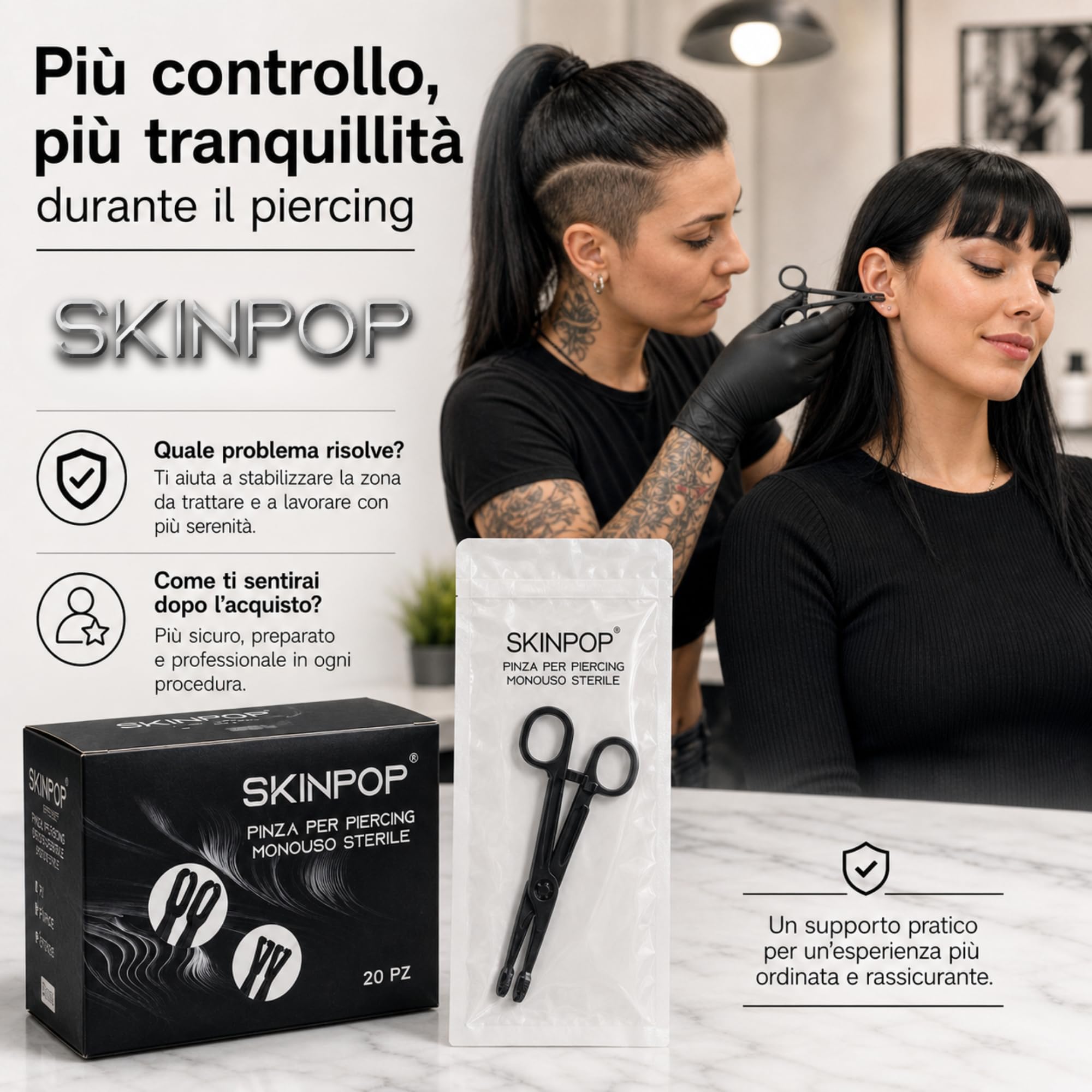 Pinza per Piercing Monouso con Forma Ovale - DELICATA e RASSICURANTE - Pinze in PVC Sterilizzata E.O. Gas - Confezione Singola - Presa STABILE per Prima Foratura e Body Piercing
