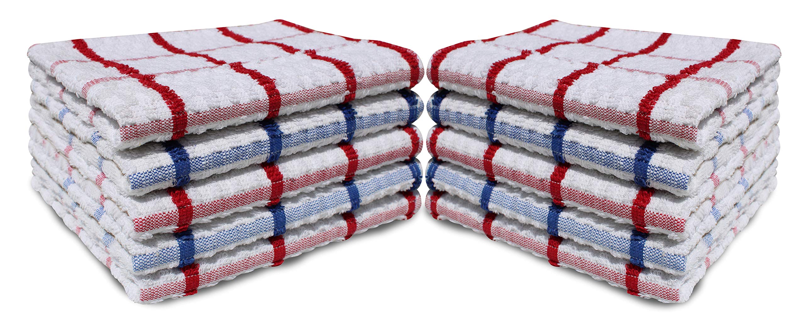 QCS 100% Cotton Terry Tea Towel Pack of 9 - Professional Dish Cloths Kitchen Restaurant Glass Terry Towel (50 x 70 cm) Red & Blue (9)